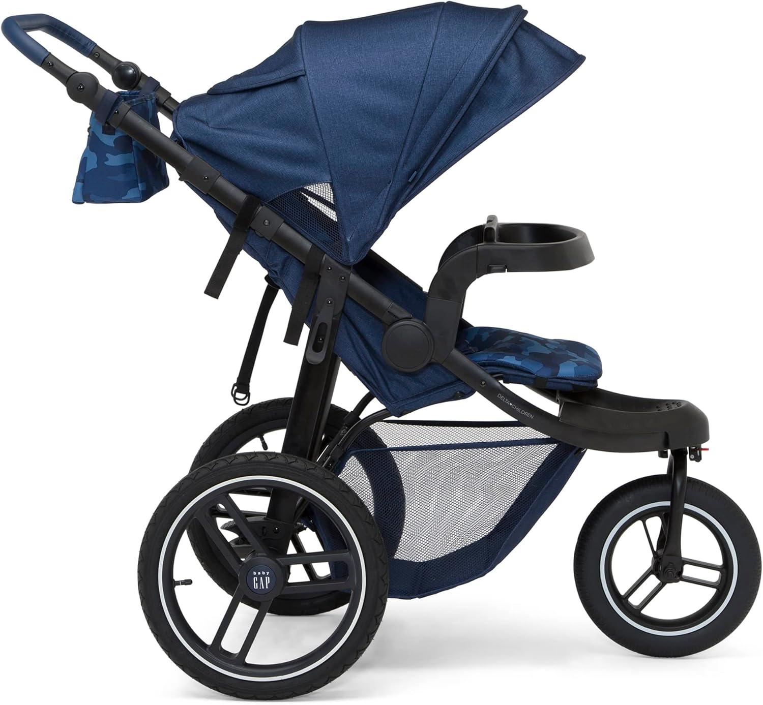 babyGap Trek Jogging Stroller - Lightweight Jogging Stoller with Extendable Canopy & Reclining Seat - Includes Car Seat Adapter - Made with Sustainable Materials, Navy Camo