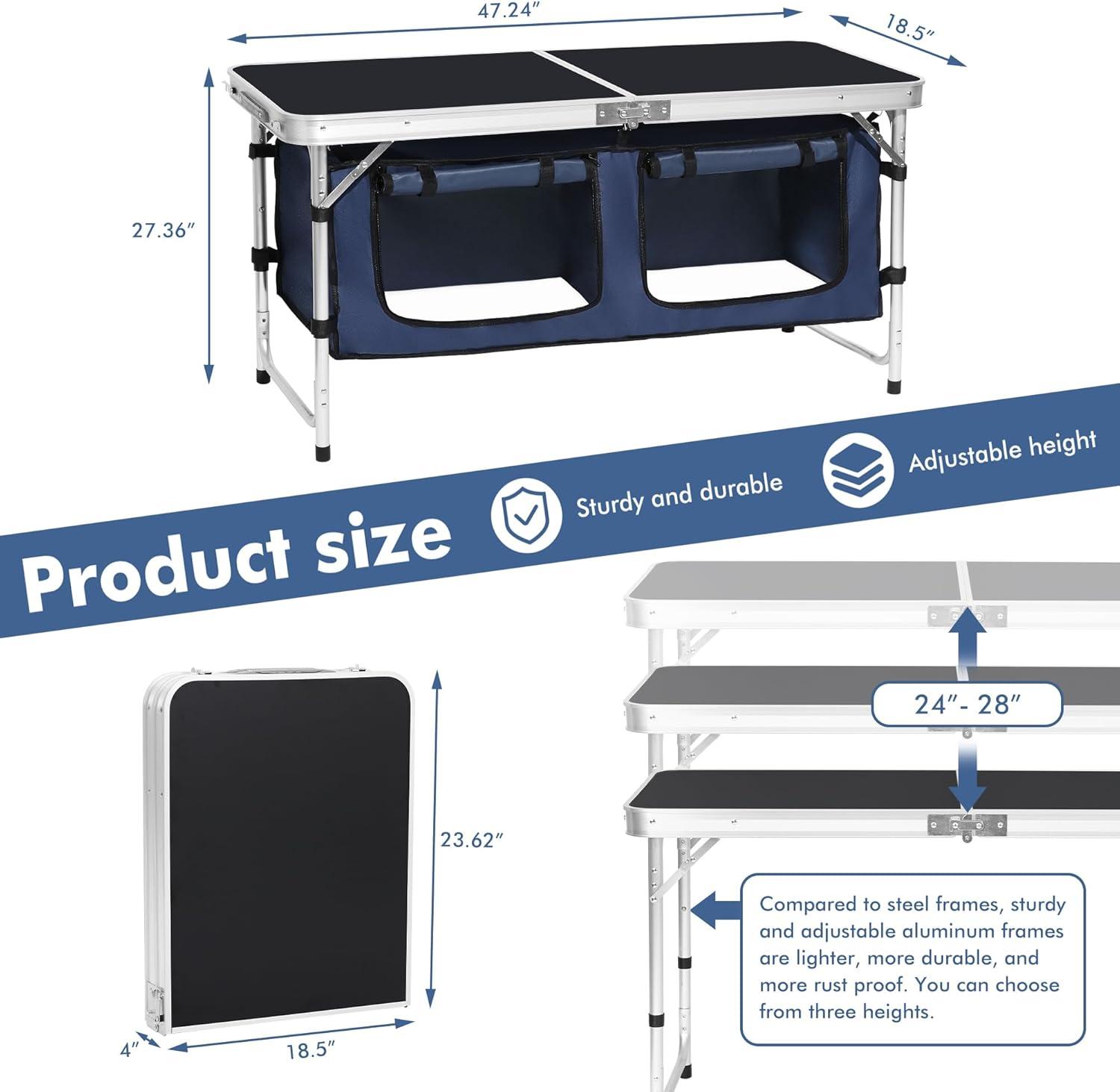 Black Aluminum Folding Camping Table with Adjustable Legs