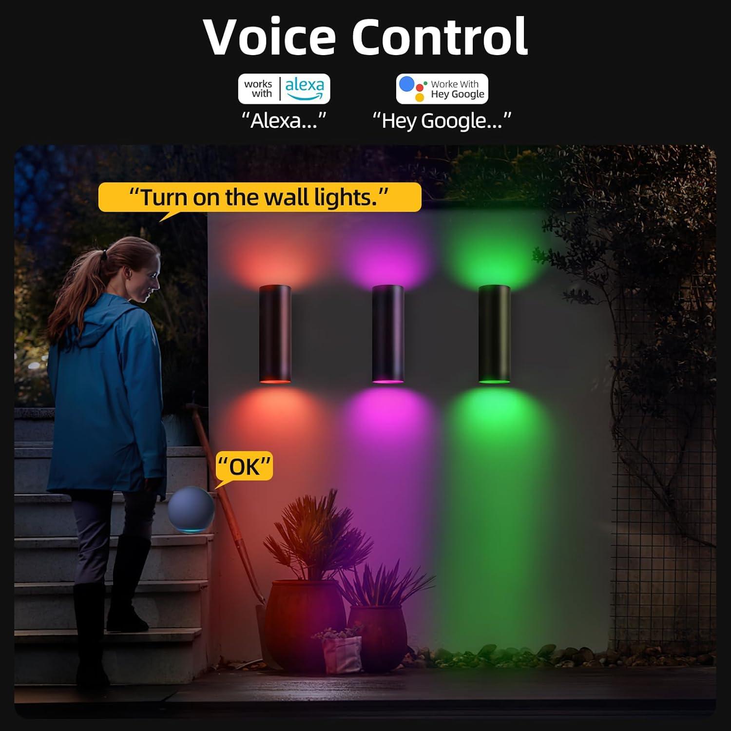 Modern RGB Outdoor Light, 2700K-6500K Ambience Outdoor Wall Sconce Color Changing, Wifi App Control Up Down Lights, Smart Exterior Wall Light For House Porch, Works With Alexa Google Assistant