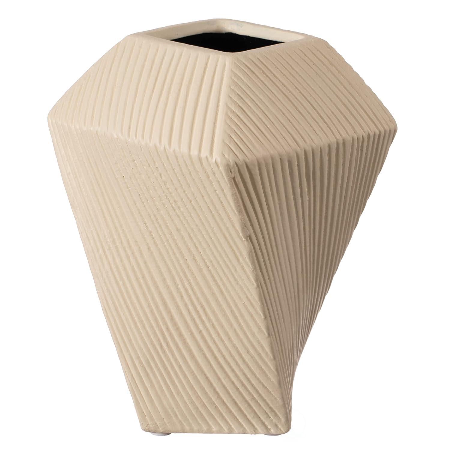 Uniquewise 7" H Decorative Ceramic Square Twisted Centerpiece Table Vase Beige, Small