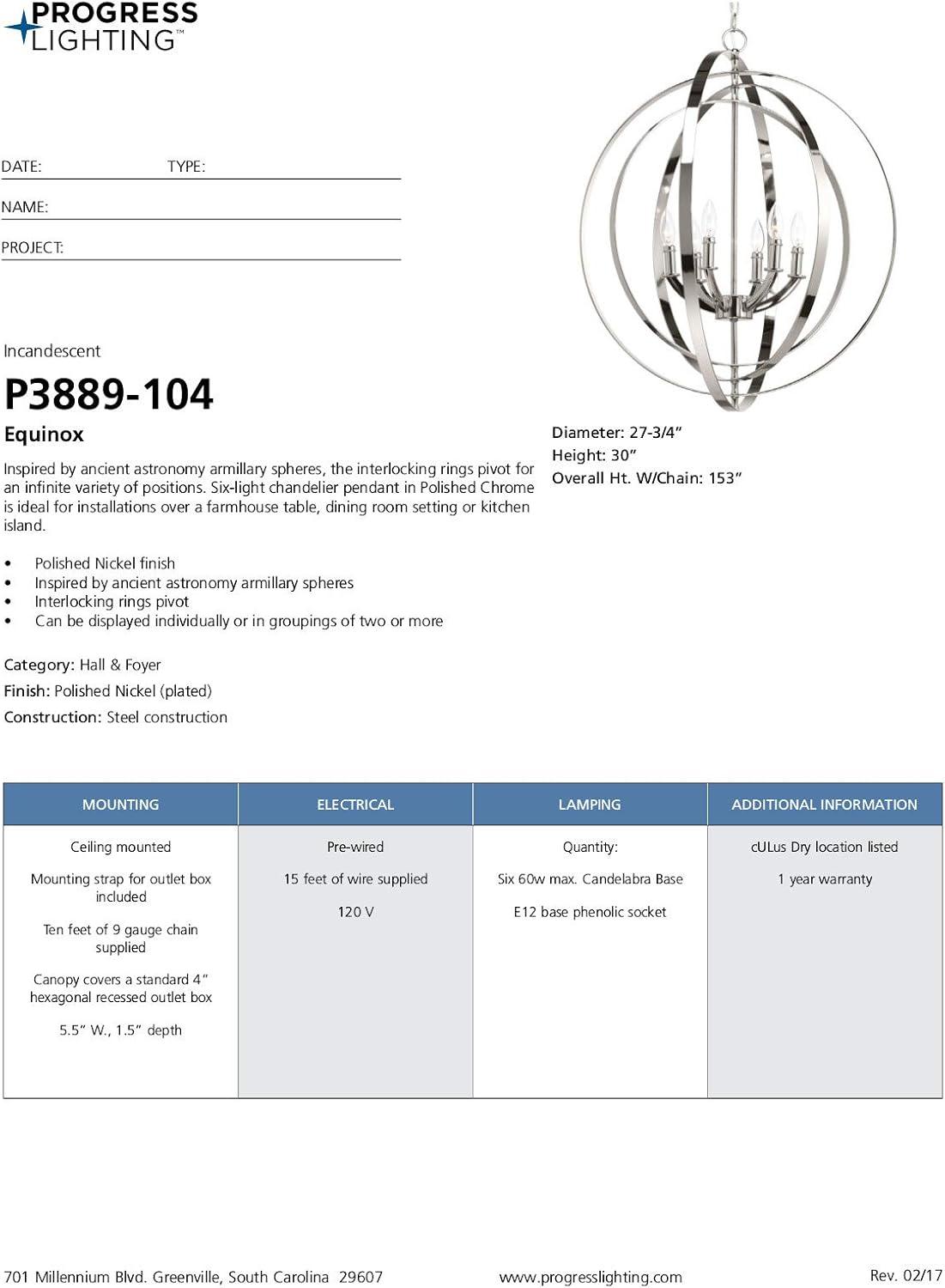 Progress Lighting, Equinox Collection, 6-Light Chandelier Pendant, Polished Nickel, Armillary Sphere Shade