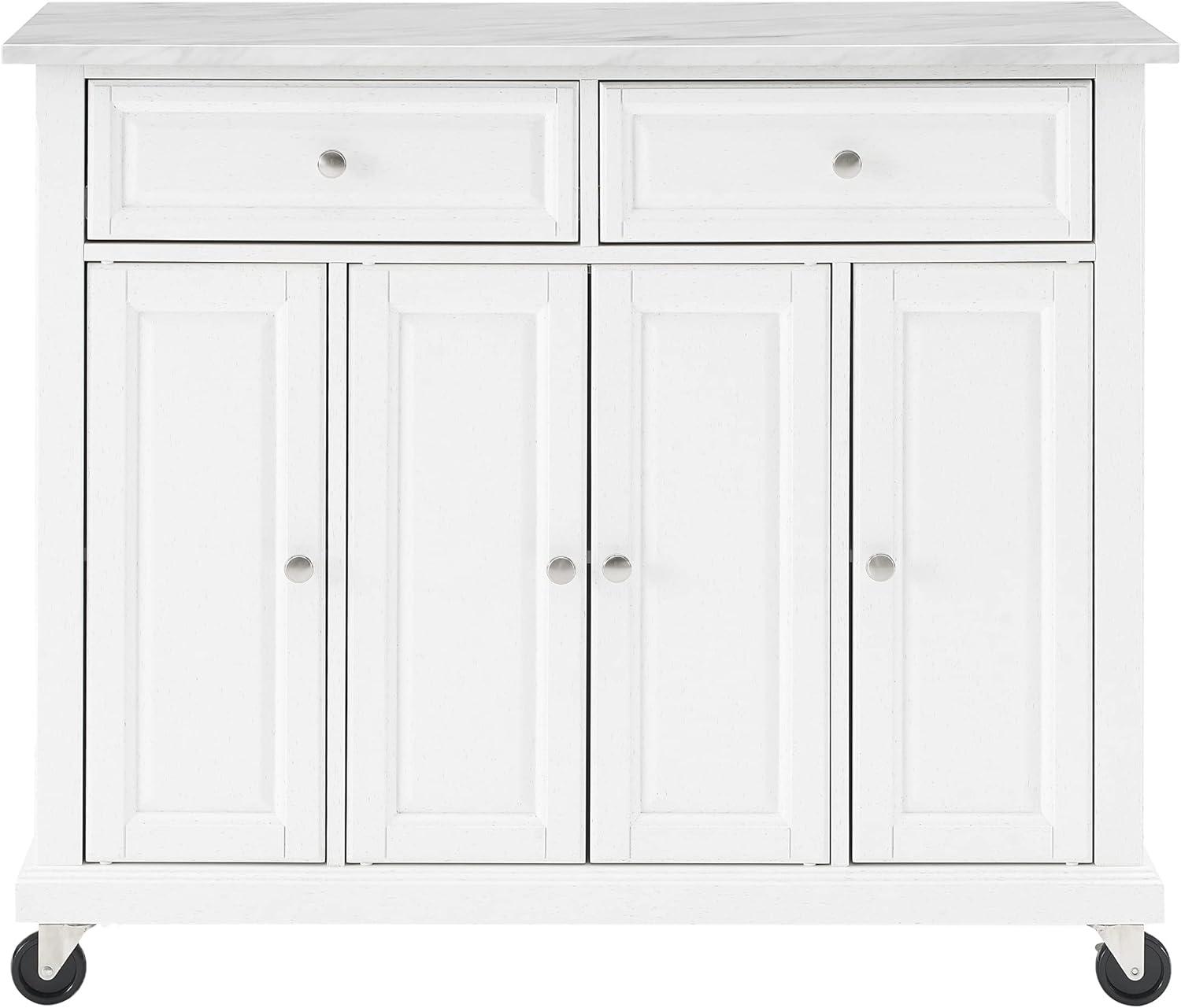 Avery Distressed White Kitchen Island Cart with Faux Marble Top