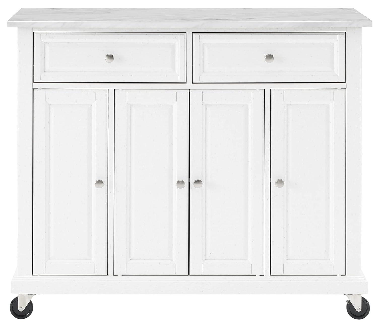 Avery Kitchen Island/Cart Distressed White/White Marble - Crosley: Adjustable Shelves, Particle Board Frame, 6 Shelves, 2 Drawers