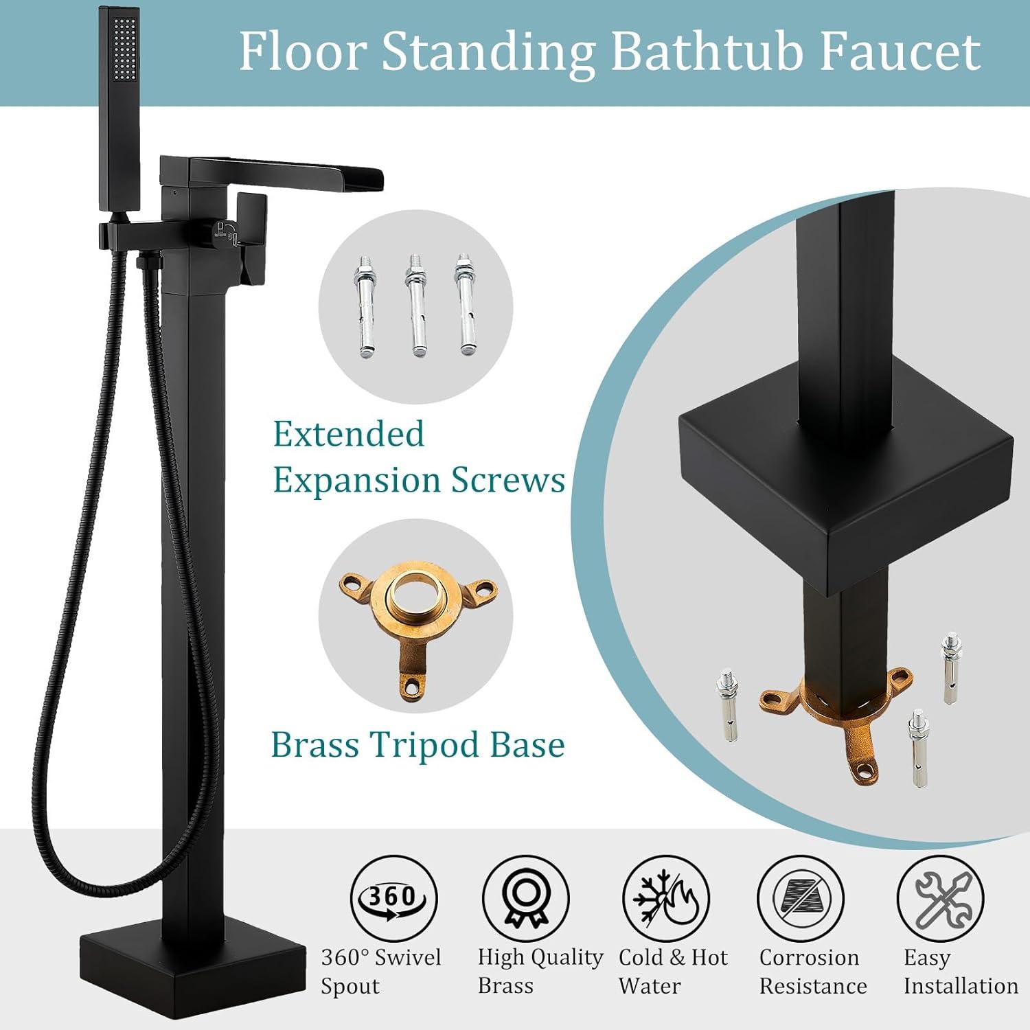 AlenArtWater Waterfall Tub Filler Freestanding Bathtub Faucet Floor Mount Brass Single Handle Bathroom Faucets with Hand Shower 93-LJQKCZ
