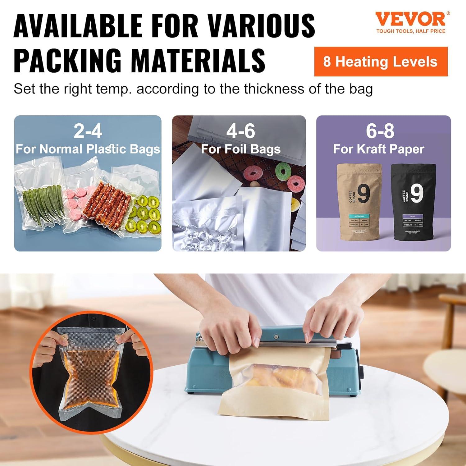 VEVOR VEVOR 8" Iron Hand Impulse Heat Sealer Machine Poly Bag Sealing for Plastic Bag