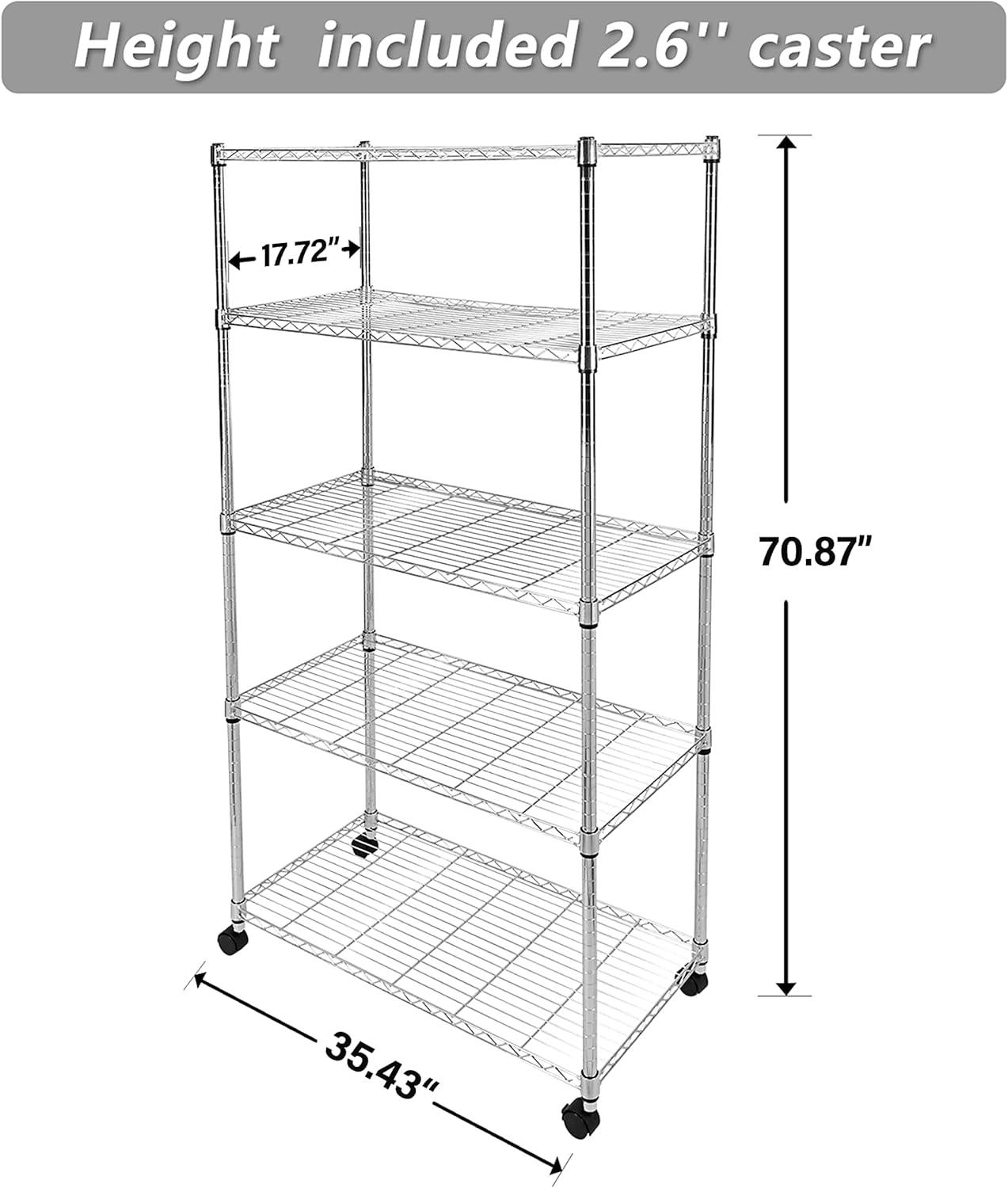 YSSOA Heavy Duty 5-Shelf Storage Shelves, 1750Lb Loading Capacity, 35.43" W x 17.72" D x 70.87" H Adjustable Shelving Unit with Wheels, Chrome, 1 Pack