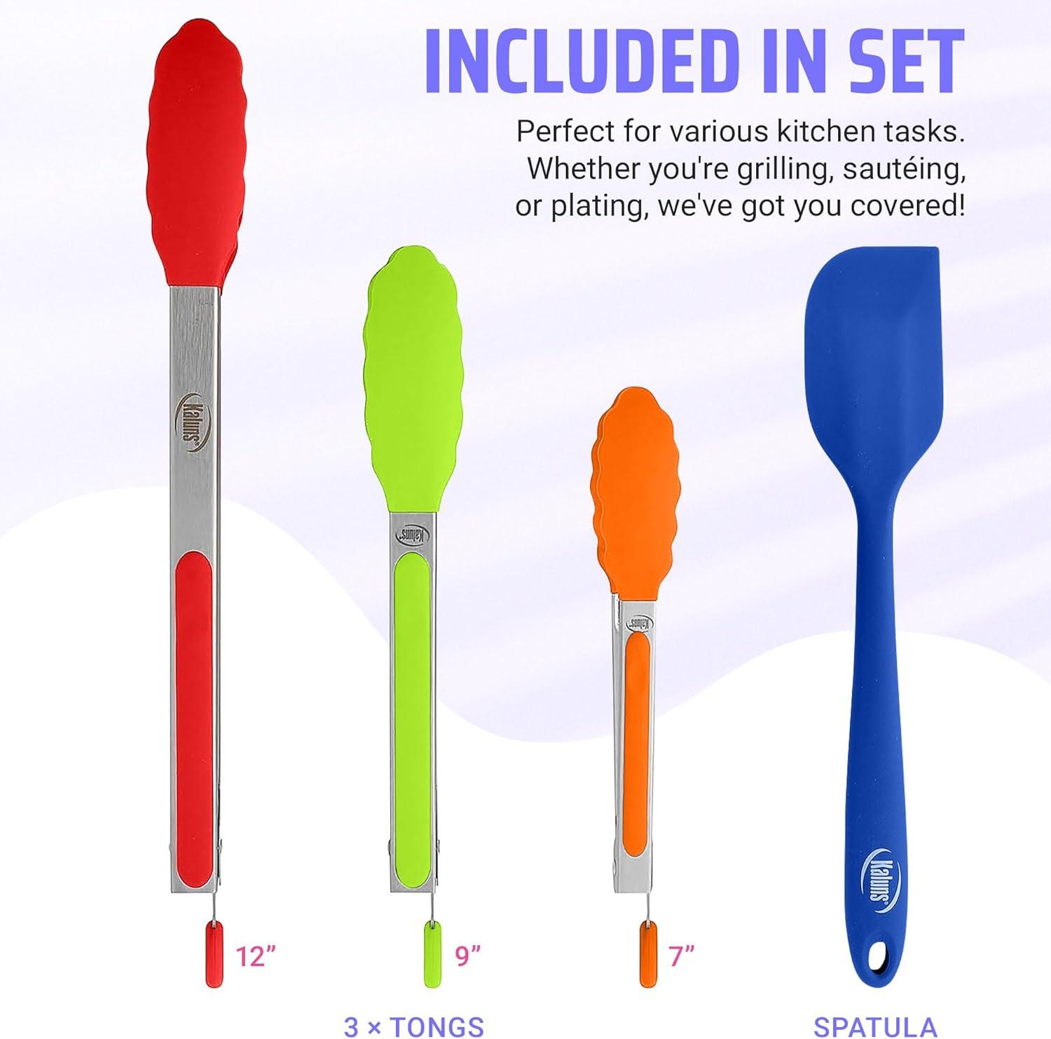 Stainless Steel Kitchen Tongs Set with Silicone Tips and Spatula