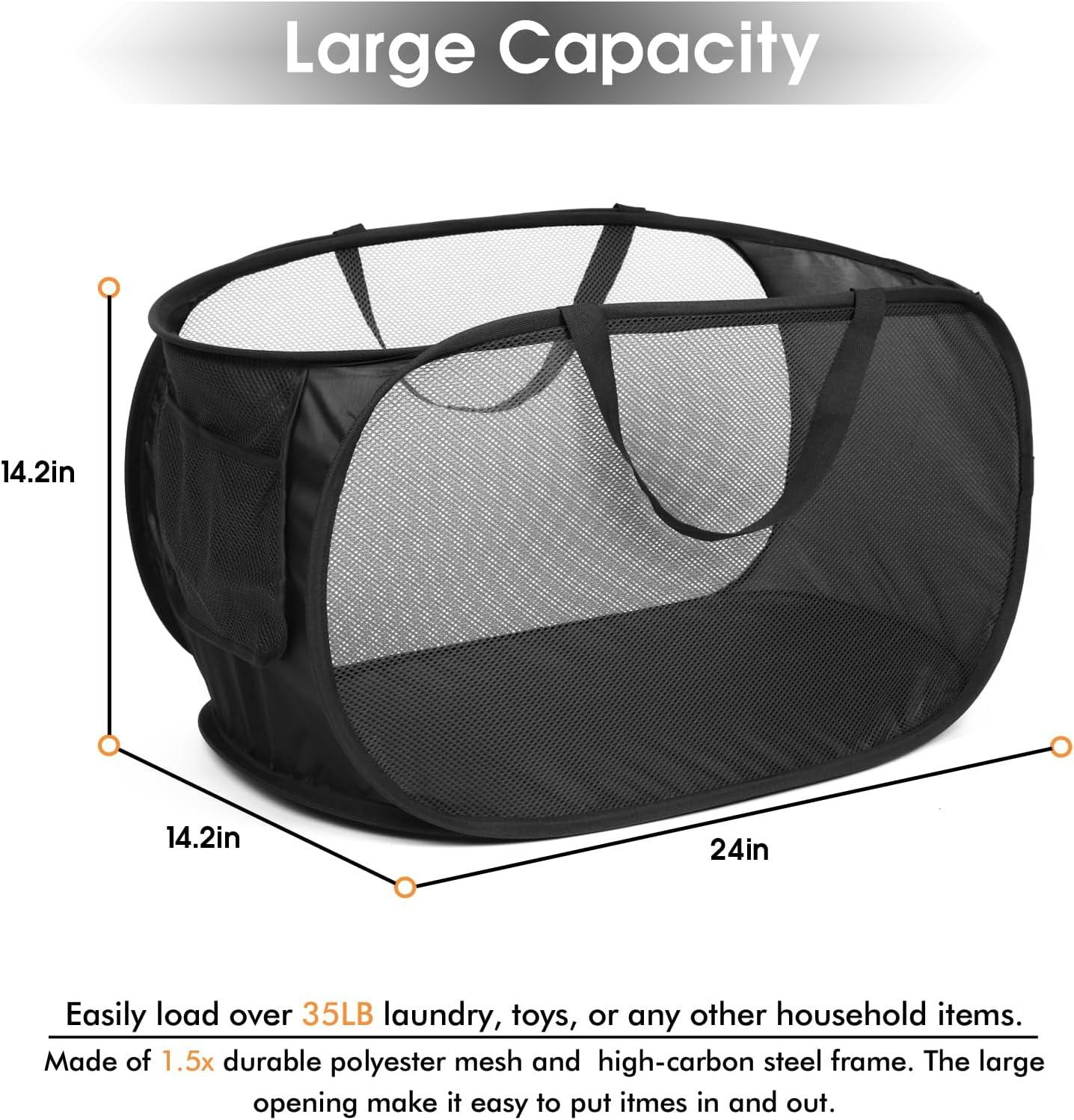 Durable Collapsible Laundry Baskets, Mesh Pop Up Laundry Hamper with Side Pocket, Foldable Clothes Storage Hamper with Reinforced Carry Handles for Laundry, Bathroom, Kids Room, Dorm or Travel Grey
