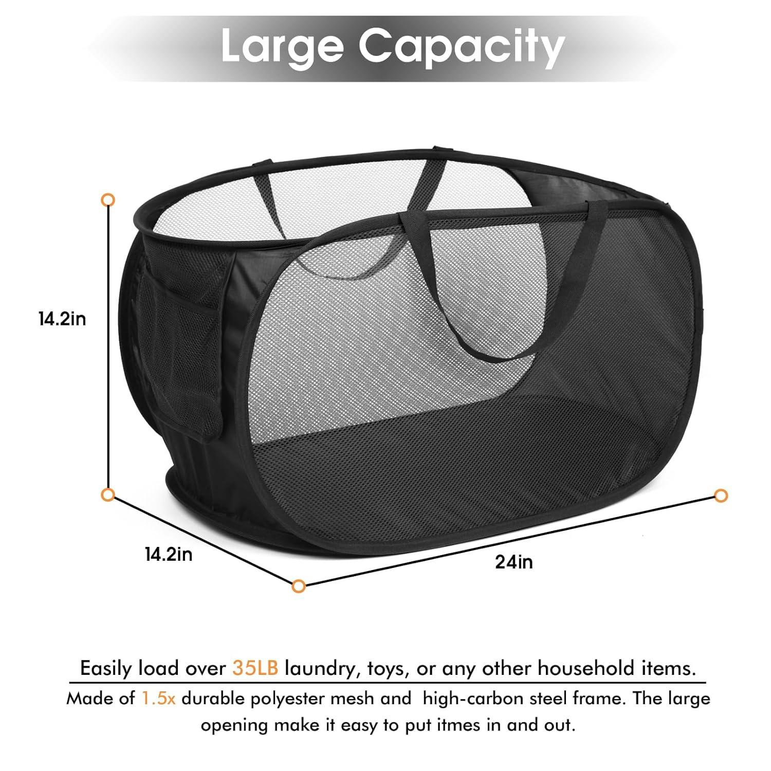 Durable Collapsible Laundry Baskets, Mesh Pop Up Laundry Hamper with Side Pocket, Foldable Clothes Storage Hamper with Reinforced Carry Handles for Laundry, Bathroom, Kids Room, Dorm or Travel Grey