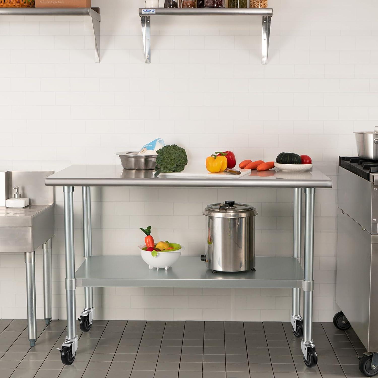Stainless Steel Table with Wheels 24 x 60 Inches Metal Prep Table with Adjustable Undershelf for Commercial Kitchen, Outdoor, Restaurant, Hotel & Garage