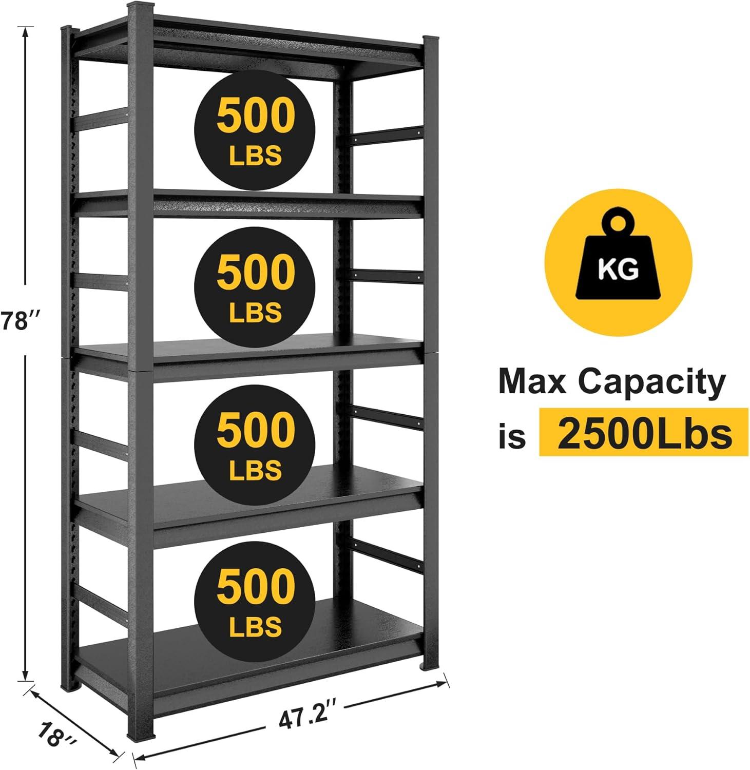 Heavy Duty Black Metal 5-Tier Adjustable Shelving Unit for Kitchen and Garage