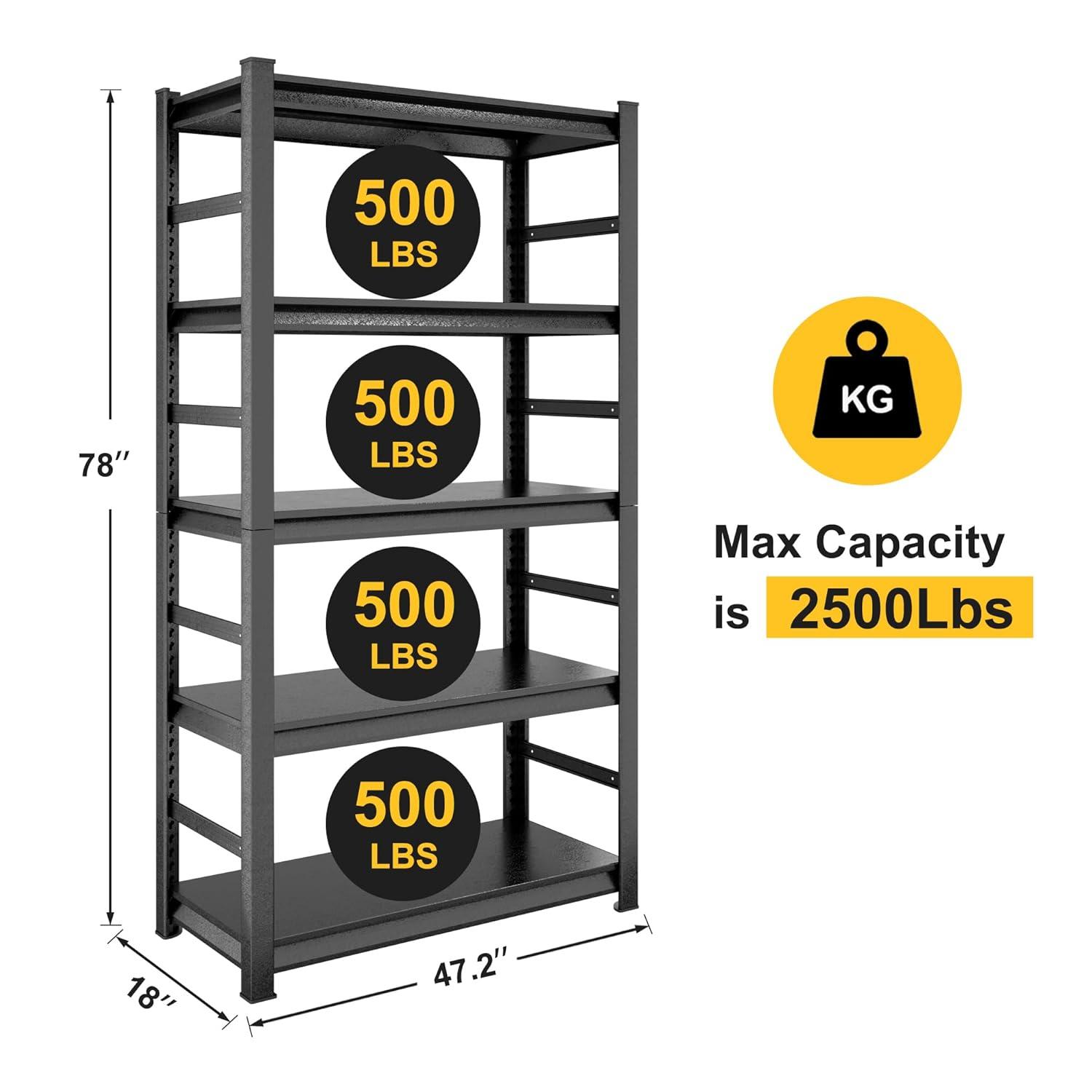IVV 5-Tier Metal Shelving Unit, 47.2"L x 18"W x 78"H, Heavy Duty Adjustable Storage Rack, 2500 lbs Load Capacity (Total), for Garage, Basement, Warehouse, Workshop