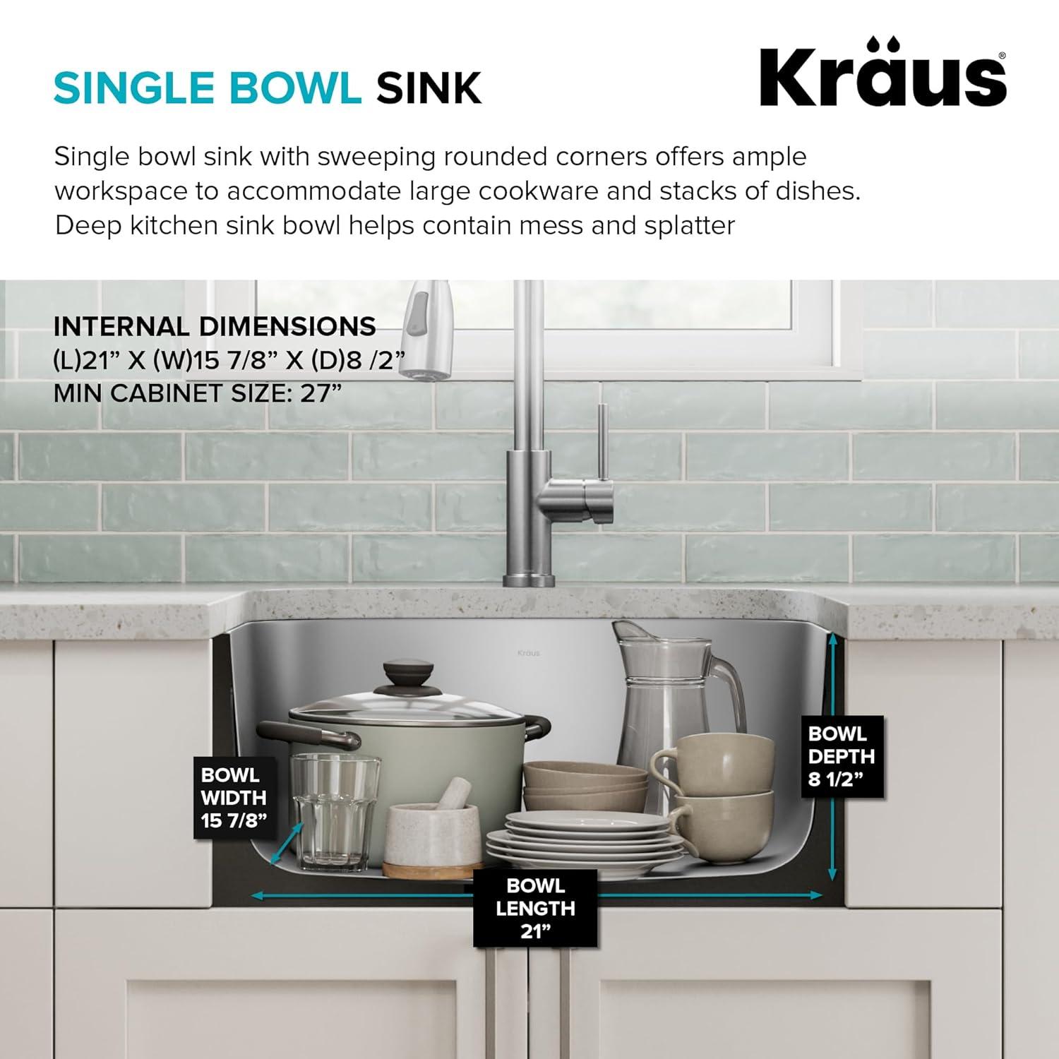KRAUS Premier 16 Gauge Undermount Single Bowl Stainless Steel Kitchen Sink