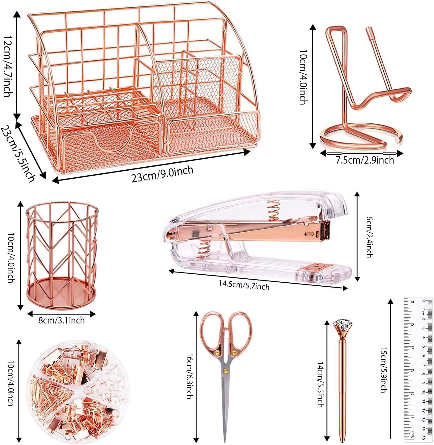 KISPATTI Desk Organizers and Accessories, Rose Gold Office Supplies with Mesh Desk Organizer, Acrylic Stapler, Staples, Ballpoint Pen, Clips Set, Pen Holder, Ruler, Scissor, Phone Holder
