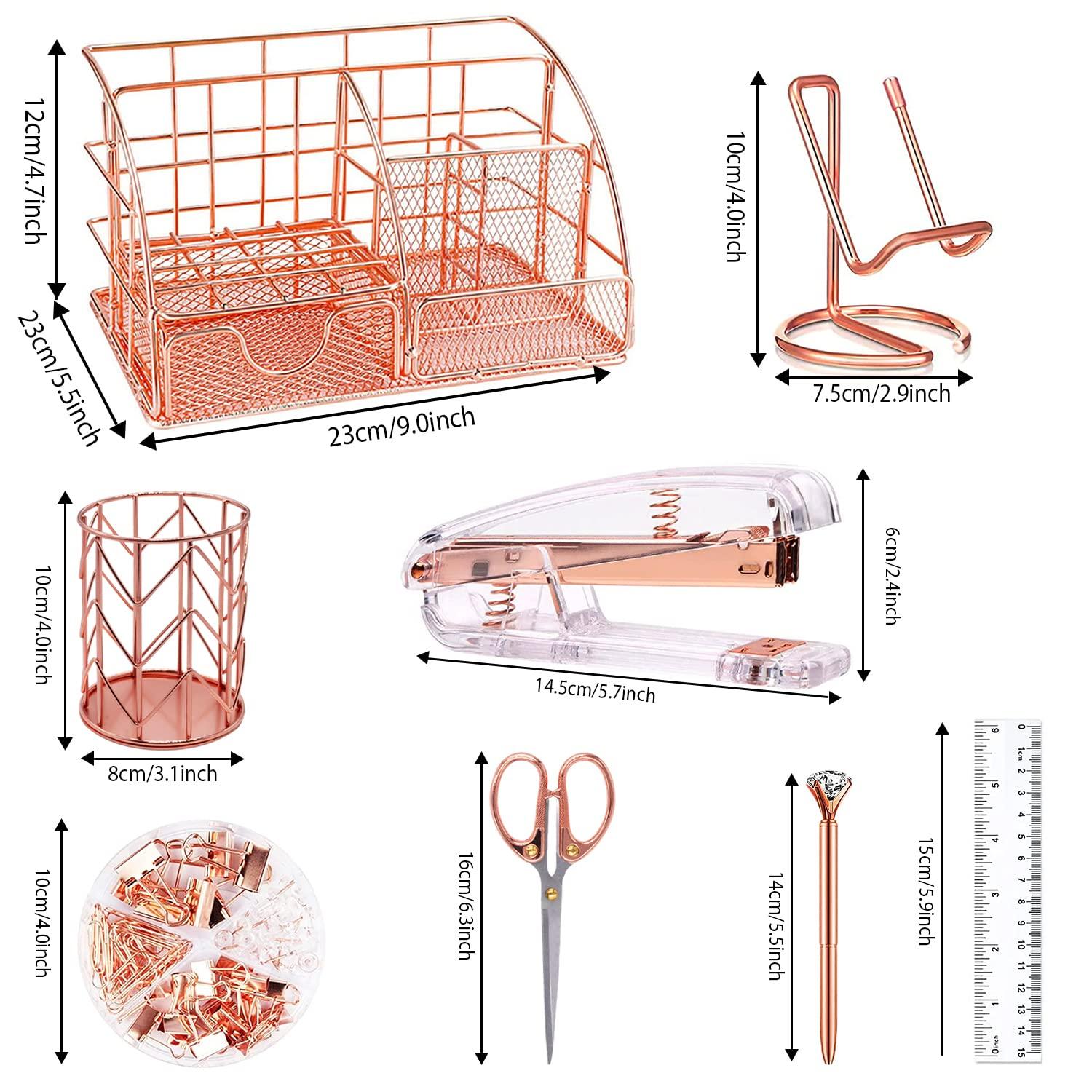 KISPATTI Desk Organizers and Accessories, Rose Gold Office Supplies with Mesh Desk Organizer, Acrylic Stapler, Staples, Ballpoint Pen, Clips Set, Pen Holder, Ruler, Scissor, Phone Holder