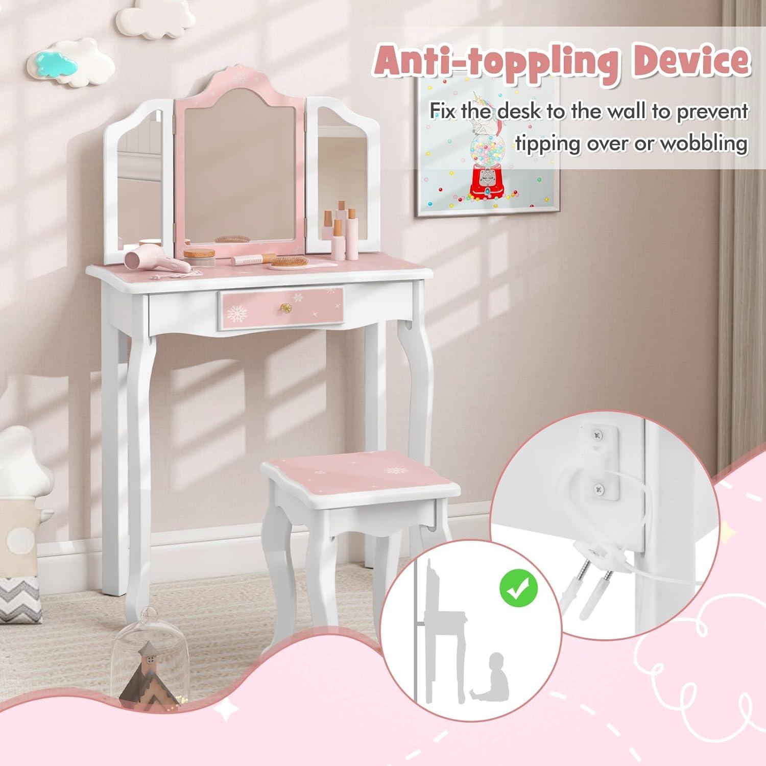 GVN Vanity Set,Toddler Vanity Set, Princess Pretend Play Makeup Table and Stool Set with Tri-folding Mirror-Pink