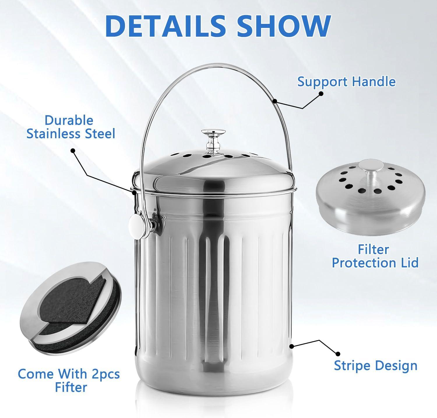 Stainless Steel 1.3 Gallon Kitchen Compost Bin with Handle