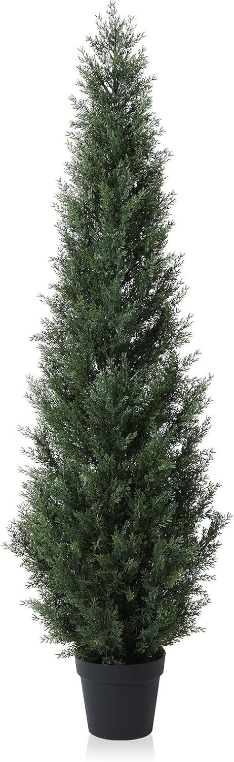 5ft Artificial Cedar Topiary Trees for Outdoors, Fake Cypress Plants with Solar Light String, Faux uv resistant Plants for Home Front Porch Decor, Housewarming Gift