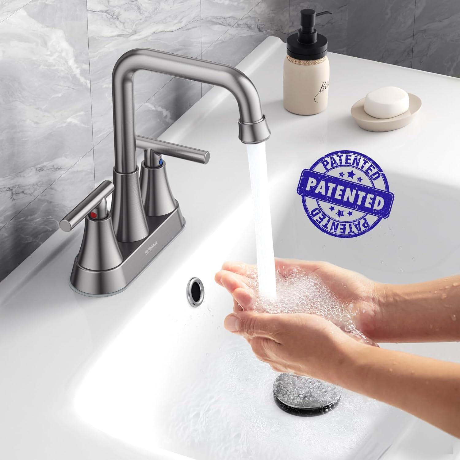4 Inch Bathroom Faucets for Sink 3 Hole, Faucet for Bathroom Sink with Pop-up Drain & Supply Hoses, 2-Handle 360 Swivel Spout Stainless Steel Lead-Free, Centerset Faucet for Vanity Lavatory