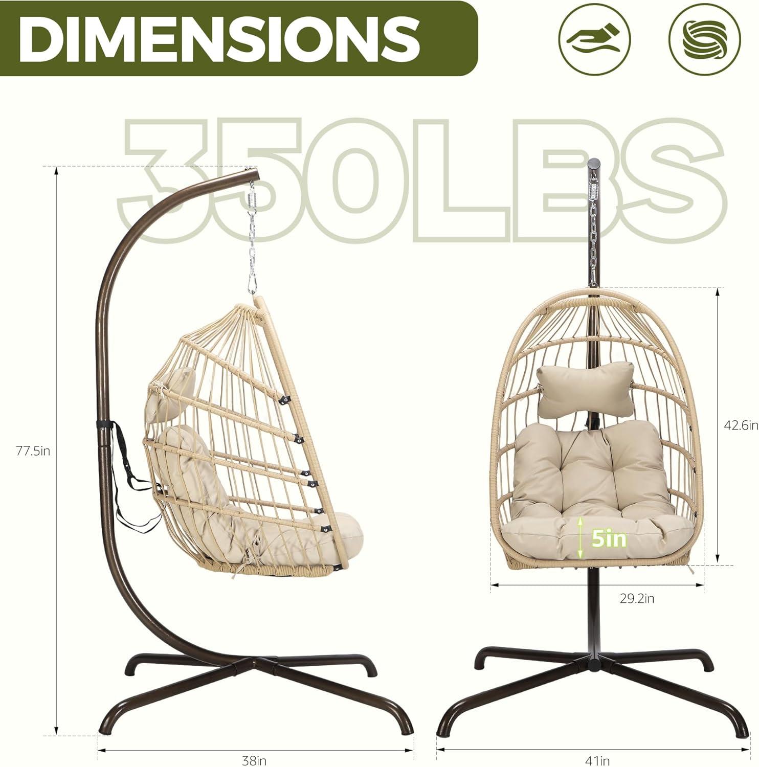 RADIATA Outdoor Foldable Hanging Egg Chair with Stand, PE Wicker Swing Chair with Cushion and Headrest, 350 lbs Capacity, Beige
