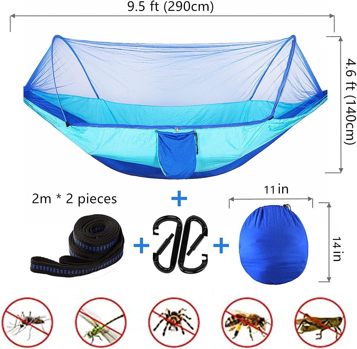 LFL Camping Hammock with Mosquito Net, Hammocks with 13ft Tree Straps Carabiners, Automatic Quick Open Outdoor Portable Hammock, Nylon Parachute Material Outside Hammock with net, Blue