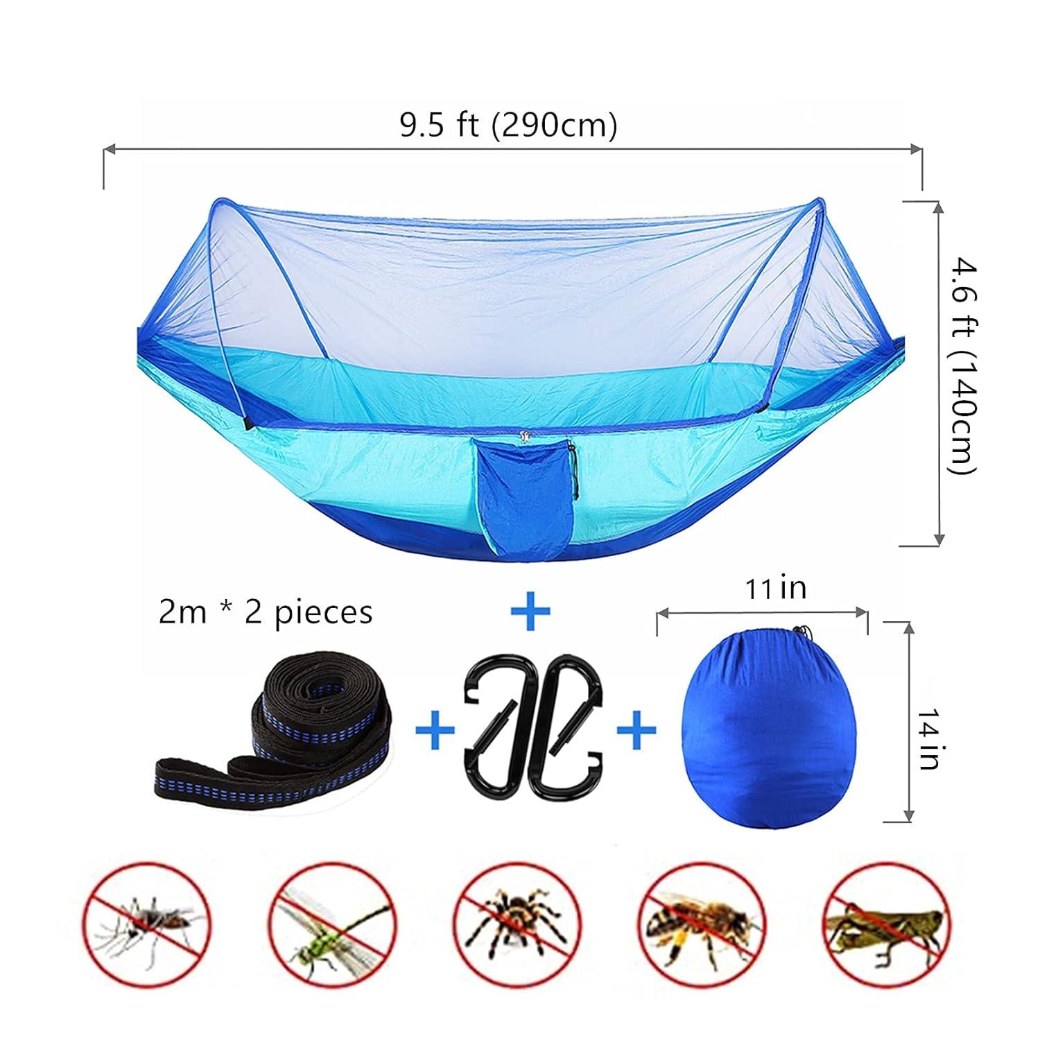 LFL Camping Hammock with Mosquito Net, Hammocks with 13ft Tree Straps Carabiners, Automatic Quick Open Outdoor Portable Hammock, Nylon Parachute Material Outside Hammock with net, Blue