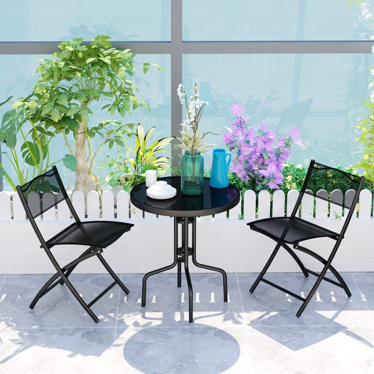 Black Metal and Glass 3-Piece Bistro Set with Folding Chairs