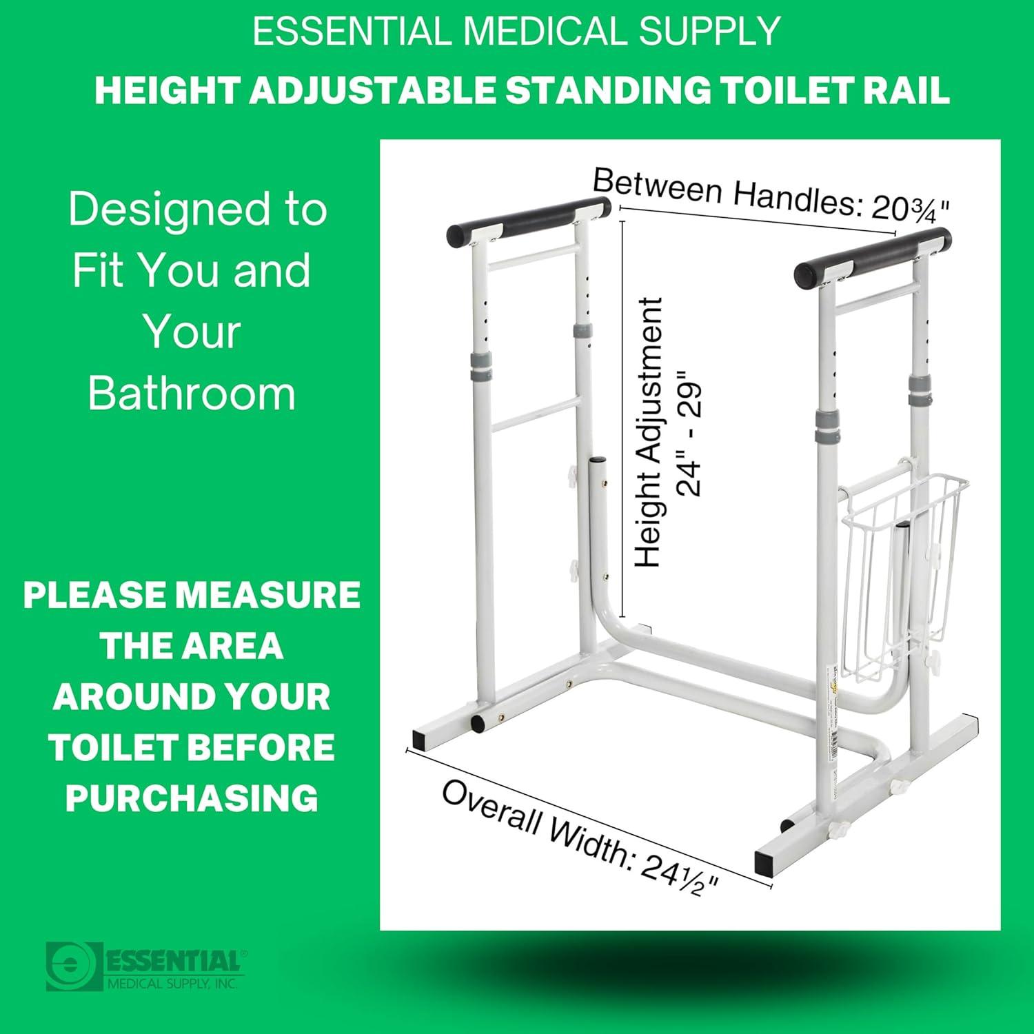 Essential Medical Supply's Height Adjustable Standing Toilet Safety Rail - Sturdy Frame with Foam Handles for Elderly and Seniors, Perfect for Added Safety and Support While Using The Toilet