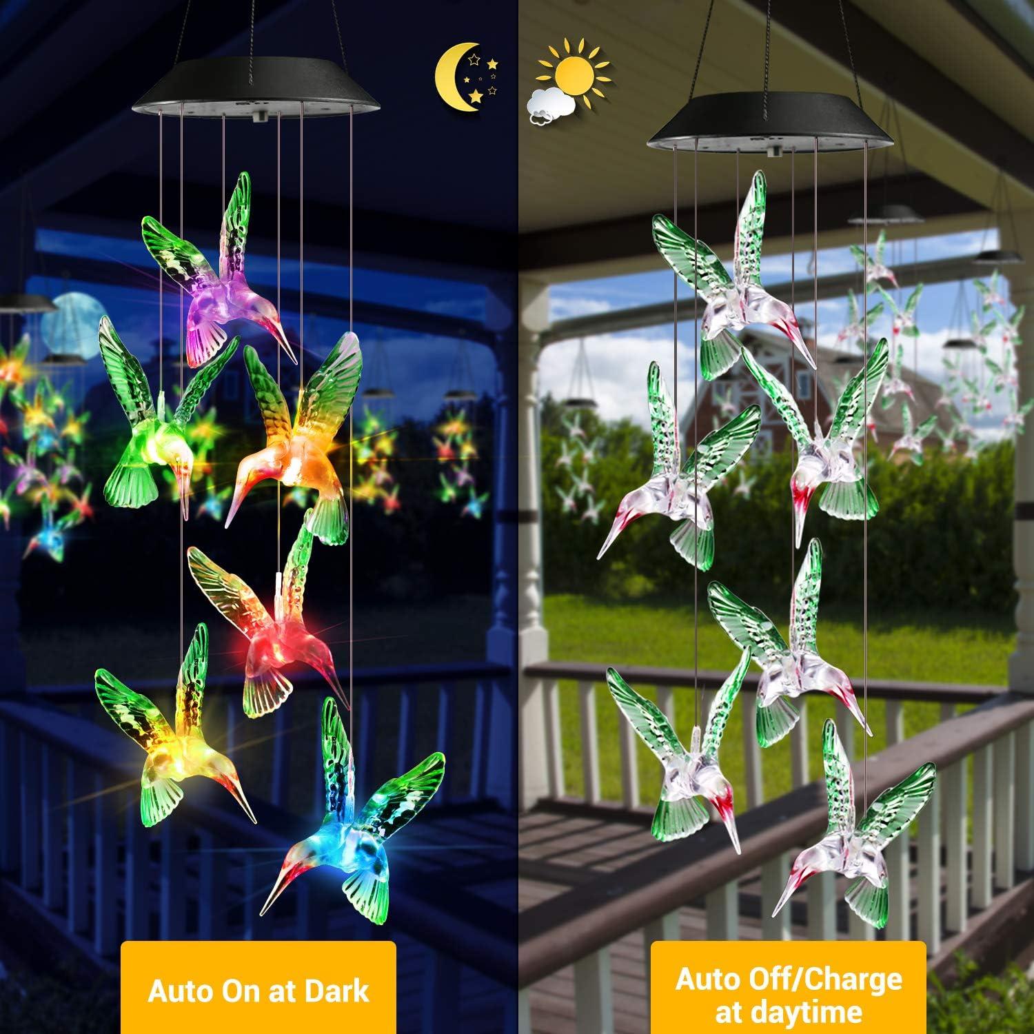 Toodour Solar Wind Chime Lights, Color Changing Hummingbird Wind Chimes, Gifts for Mom, Waterproof LED Outdoor Decorative Lights for Garden, Patio, Yard, Window Decors