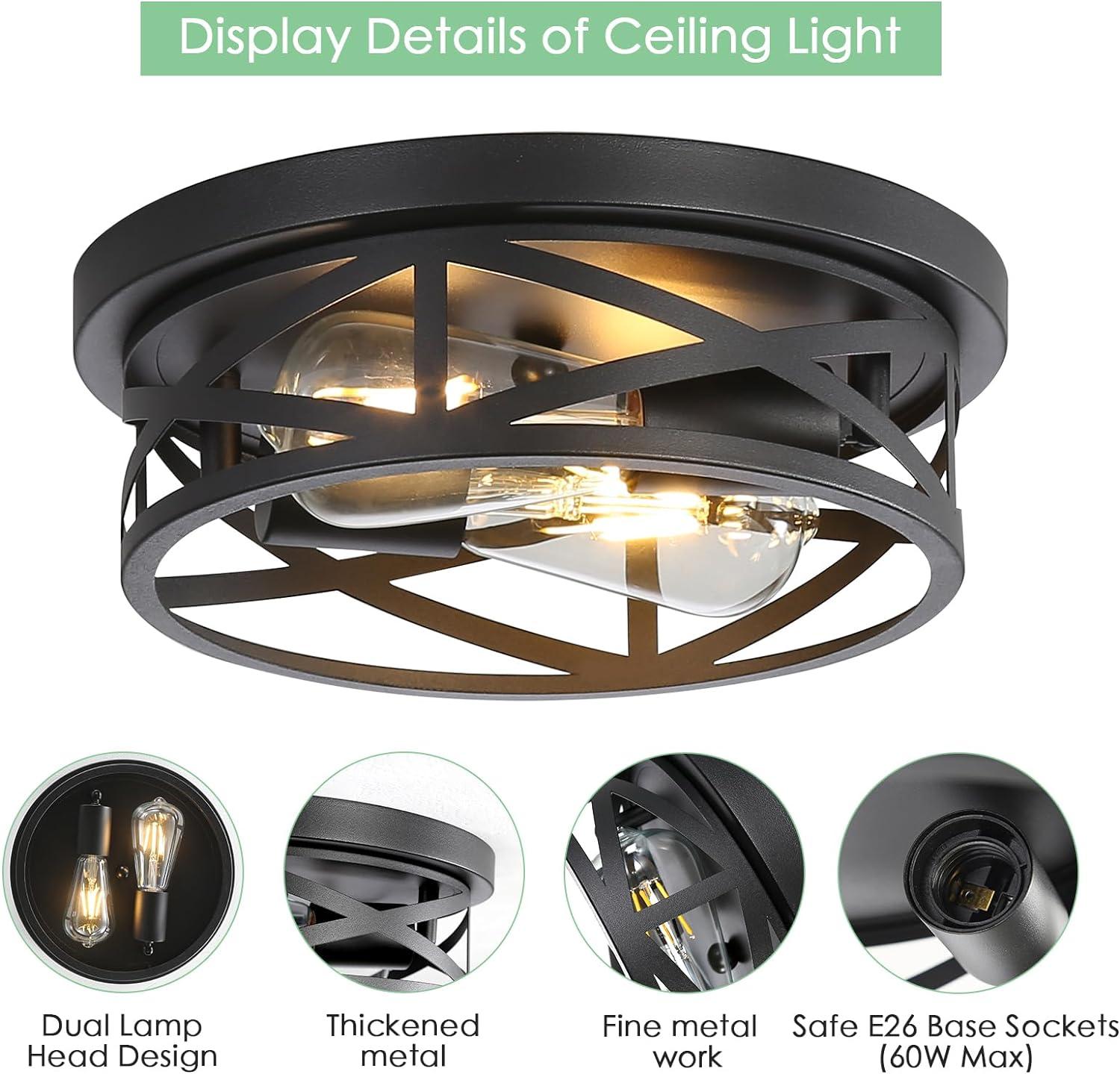 Black Metal Cage Drum Flush Mount Ceiling Light, 2-Pack