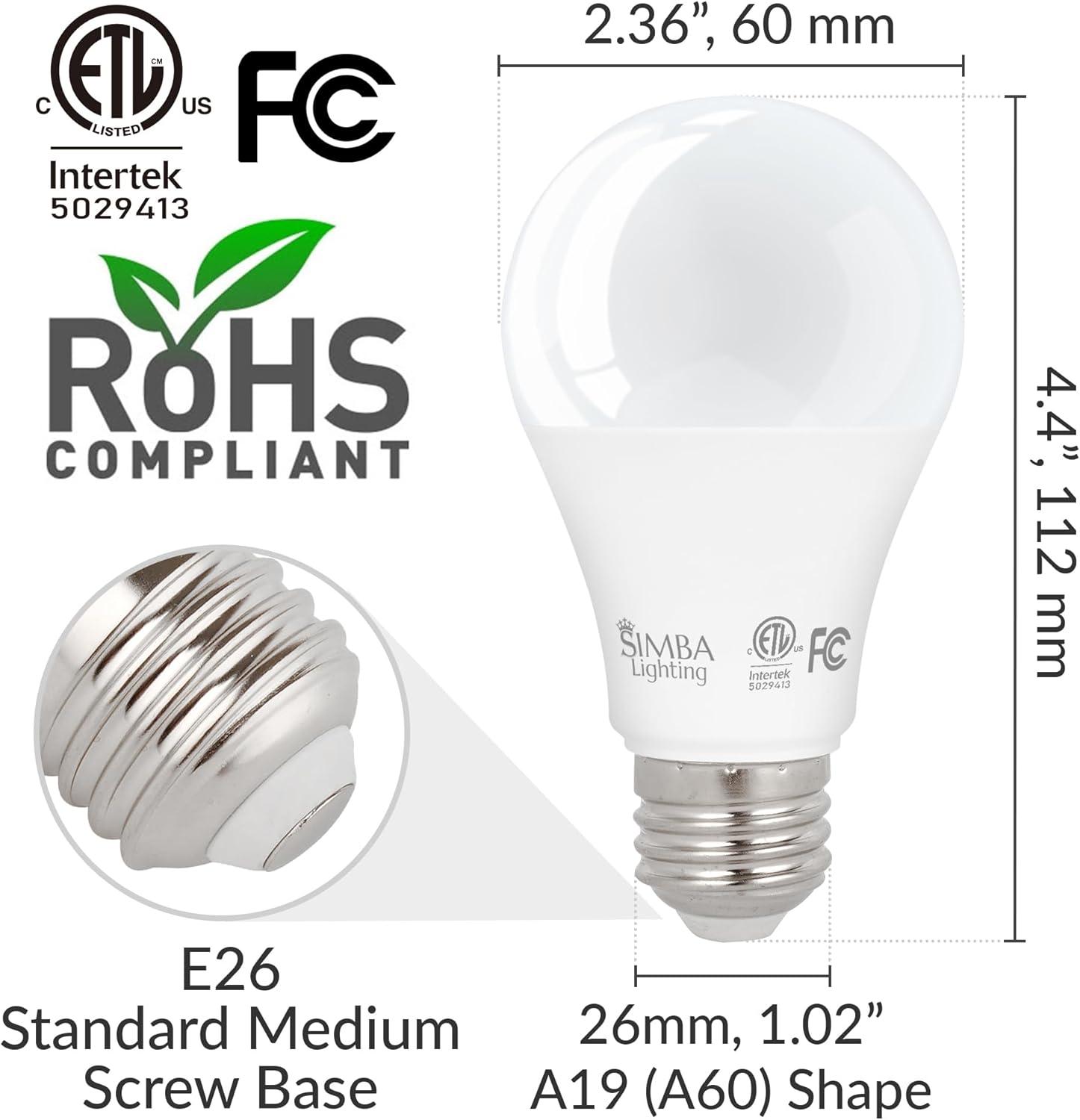 Simba Lighting LED A19 ETL Listed 9W 60W-75W Equivalent Dimmable Bulbs 120V E26 Base 5000K Daylight 6-Pack