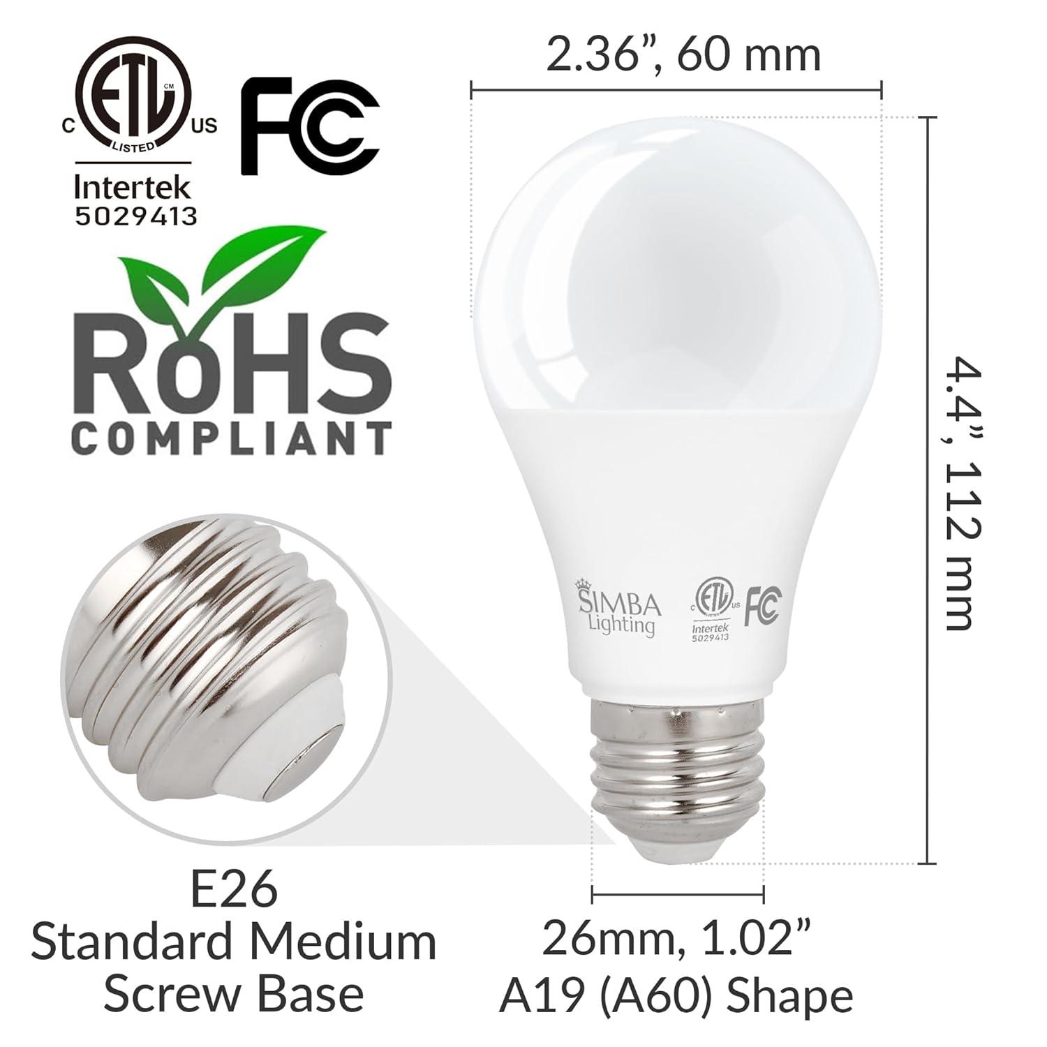 Simba Lighting LED A19 ETL Listed 9W 60W-75W Equivalent Dimmable Bulbs 120V E26 Base 5000K Daylight 6-Pack