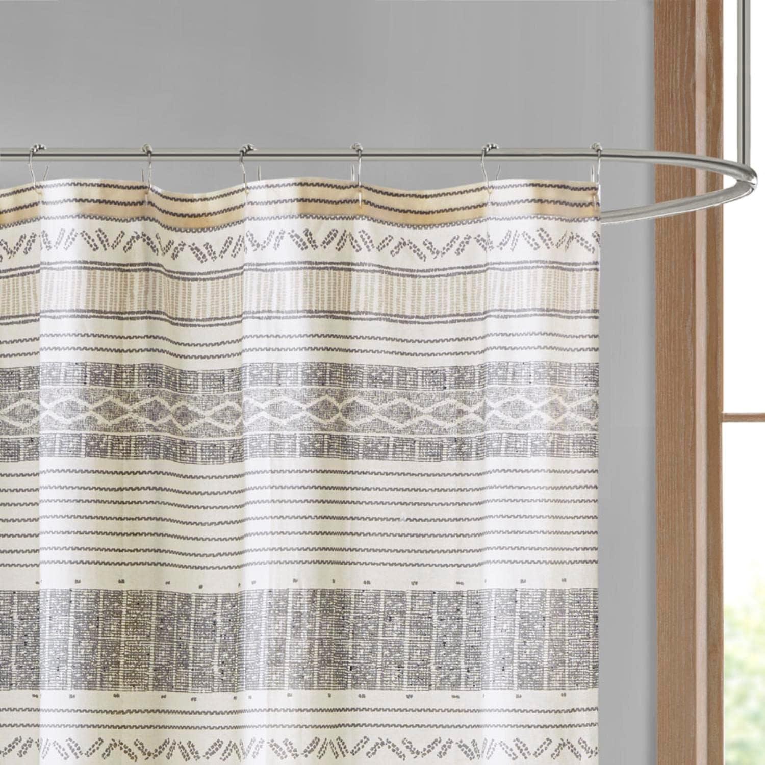 INK+IVY Cody Cotton Stripe Printed Shower Curtain with Tassel in Gray/Yellow