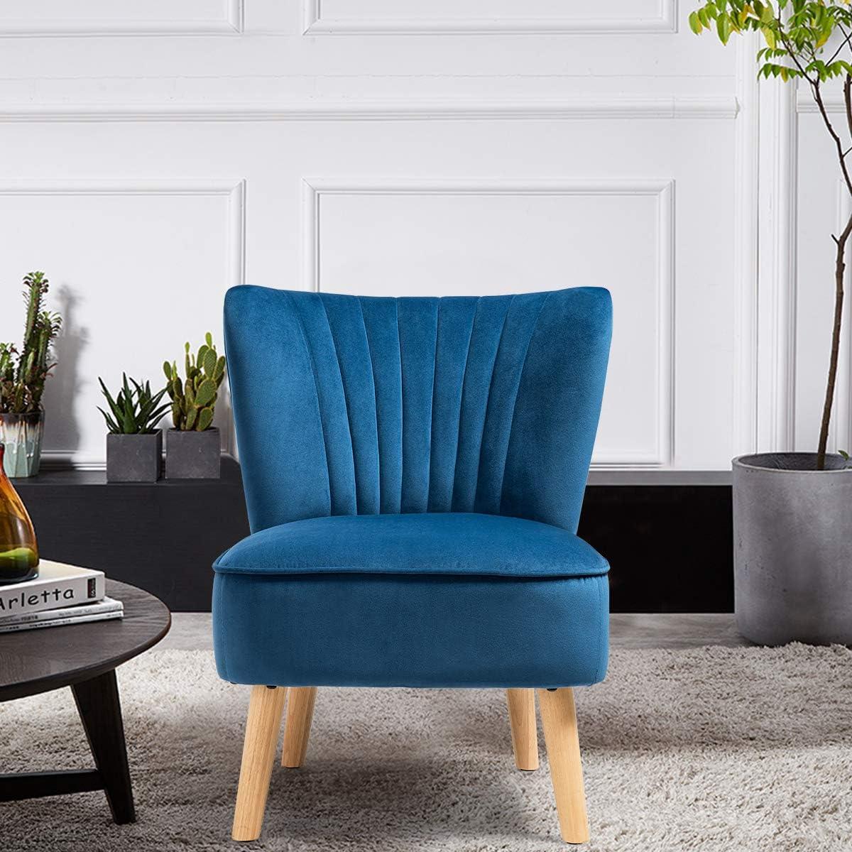 Blue Velvet Armless Side Chair with Wood Legs