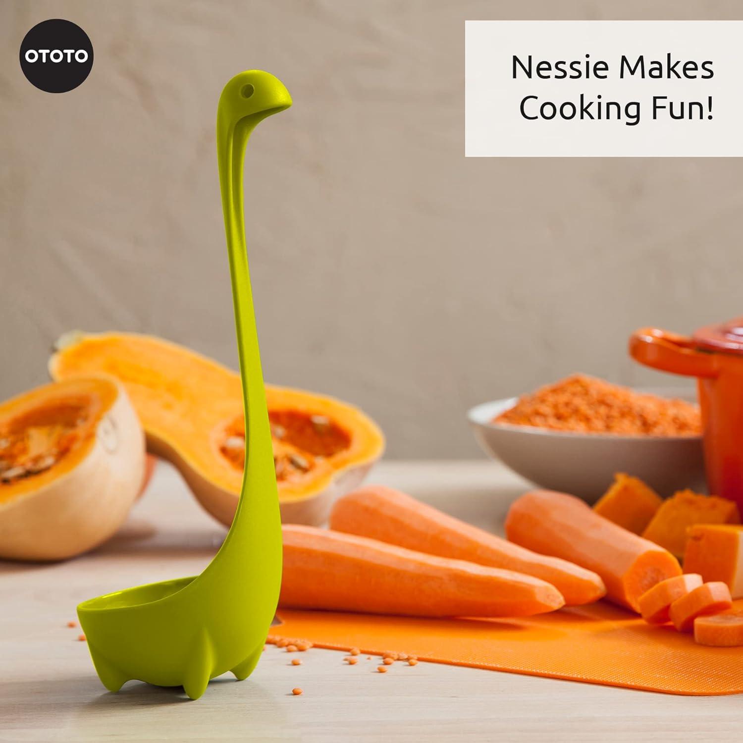 OTOTO Nessie Ladle Spoon - Green Cooking Ladle for Serving Soup, Stew, Gravy & Chili - High Heat Resistant Loch Ness Stand Up Soup Ladle