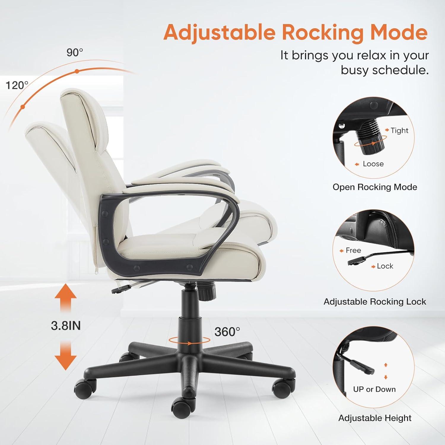 Executive Office Chair with Padded Armrests Adjustable Height, 360-Degree Swivel, Lumbar Support, PU Leather, Cream