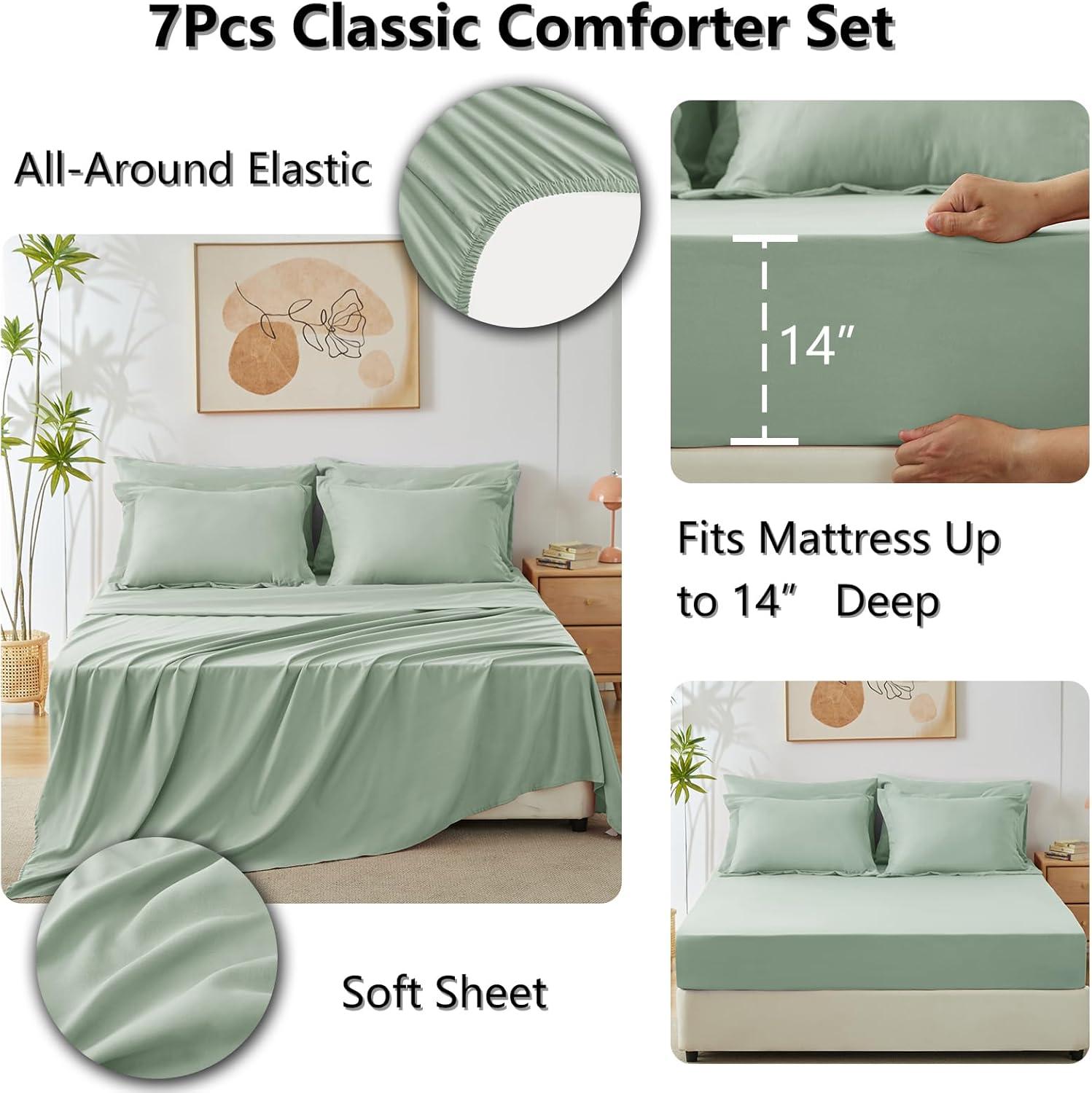 Cozy Comfort Sage Green Full Size Comforter Set - 7 Pieces Solid Full Bed in a Bag, Full Bed Set Sage Green with Quilted Warm Fluffy Comforters, Sheets, Pillowcases & Shams