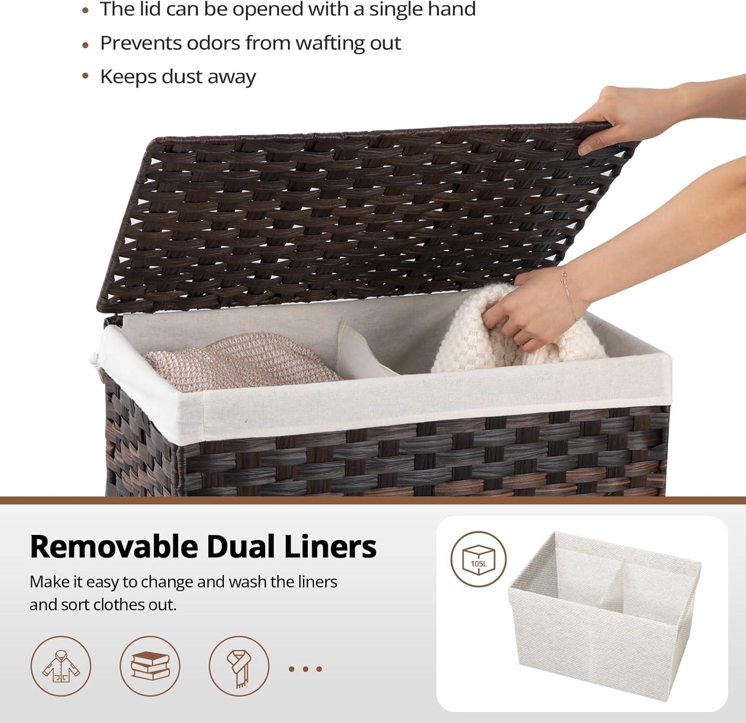 SONGMICS Storage Basket with Lid, 27.7 Gallon (105L) Storage Bin, Woven Blanket Storage Basket with Handles, Foldable, Removable Liner, Metal Frame