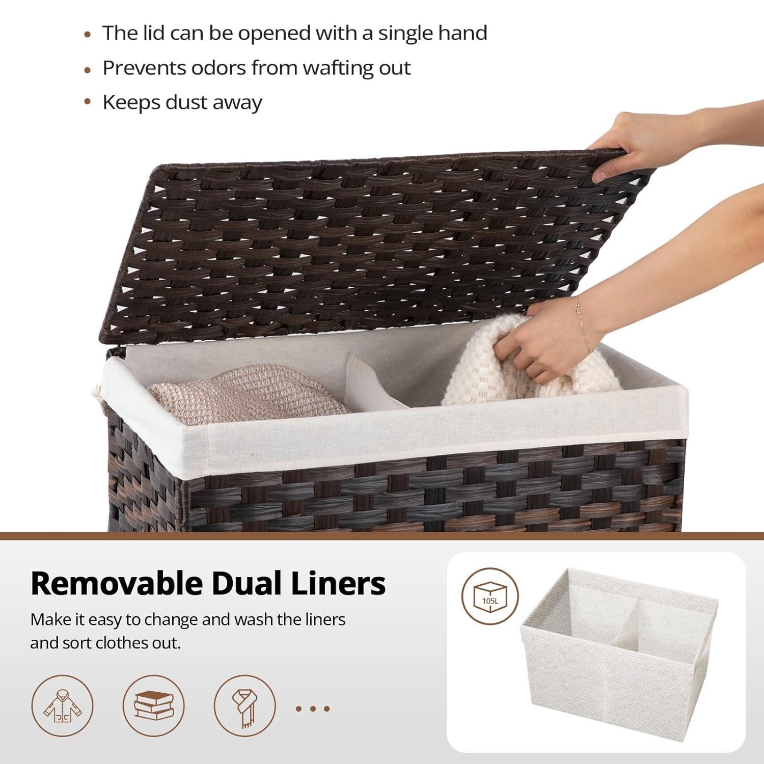SONGMICS Storage Basket with Lid, 27.7 Gallon (105L) Storage Bin, Woven Blanket Storage Basket with Handles, Foldable, Removable Liner Brown