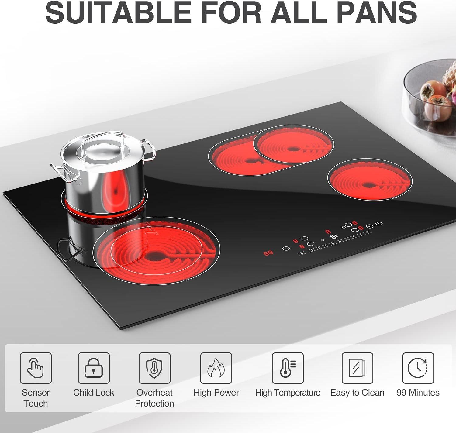 IsEasy 4 Burner Electric Cooktop 30 Inch Built-In Ceramic Cooktop Top, Electric Radiant Cooktop with Pause Function, Electric Stove Top, 220-240V 7200W, 9 Power Levels, Flexible Heating Zones