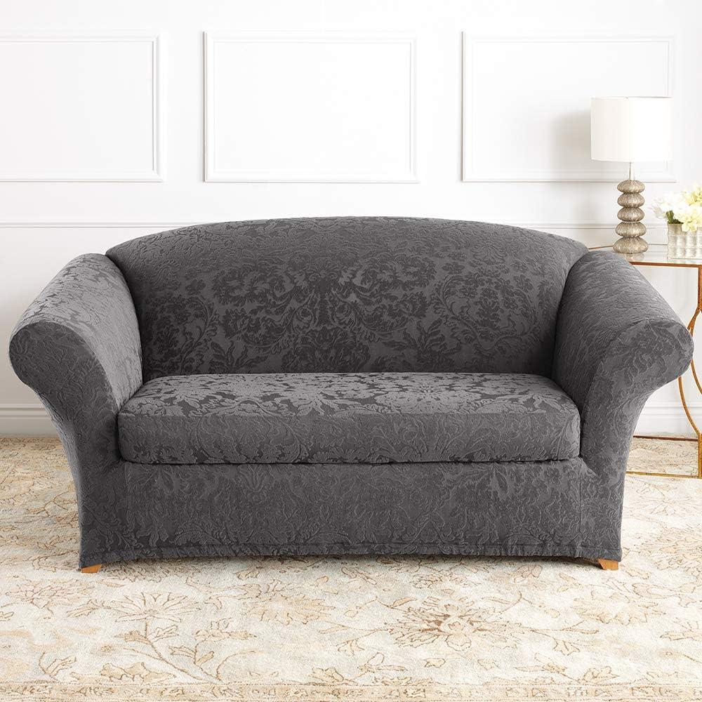 Gray Stretch Jacquard Damask Loveseat Slipcover