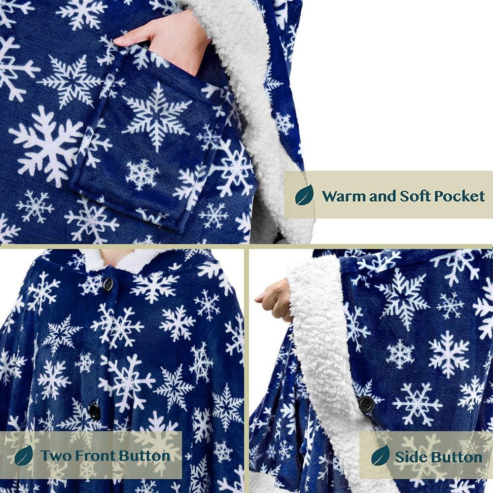PAVILIA Angel Wrap Hooded Blanket for Women Adult, Wearable Cozy Wrap Throw Fleece Shawl Cape, Snowflake Blue/Faux Shearling