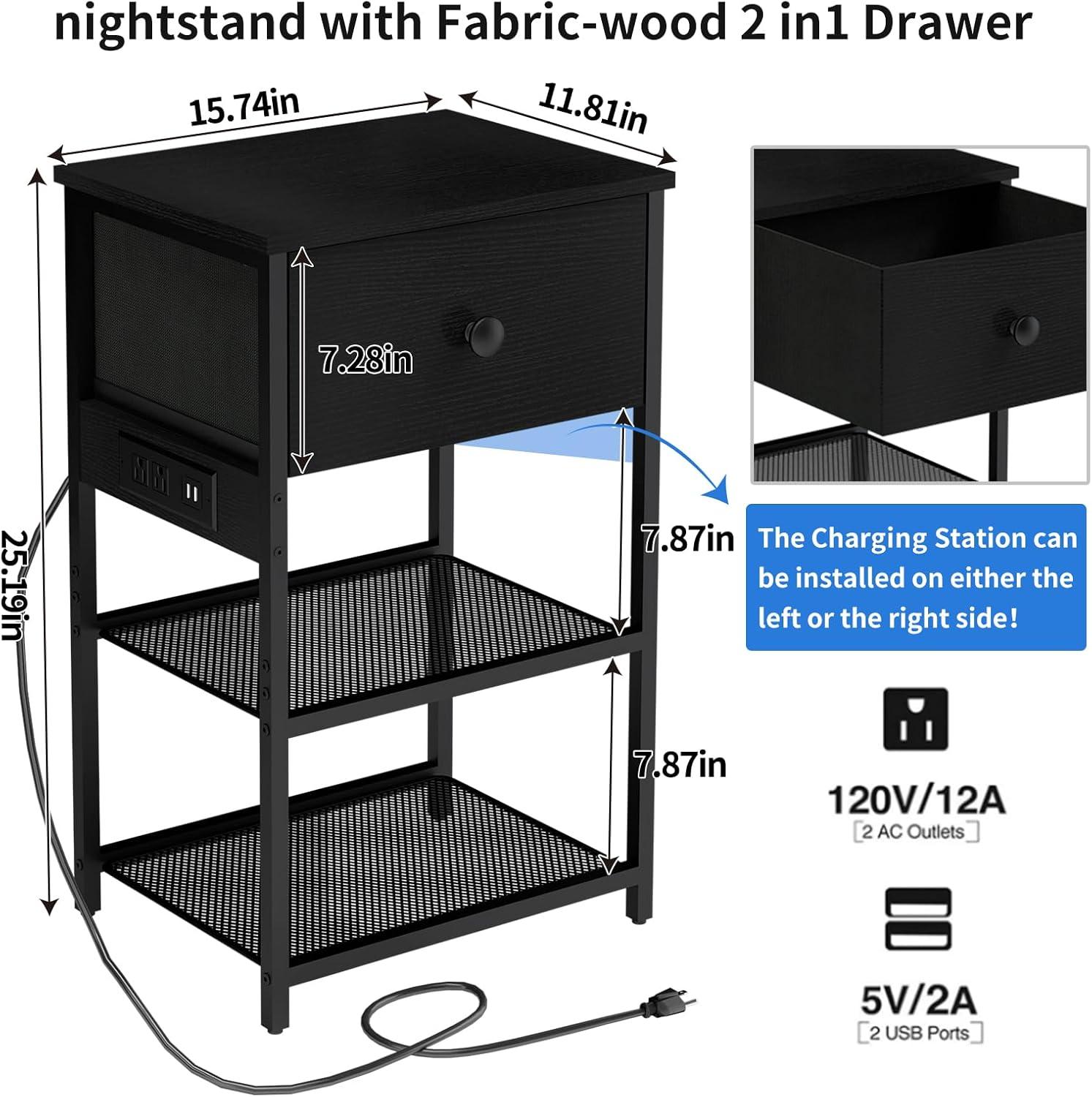 Night Stand, Black Nightstand Set of 2, Small End Tables Living Room with Charging Station, Slim Bed Side Table with Fabric Storage Drawer for Bedroom, Small Space,