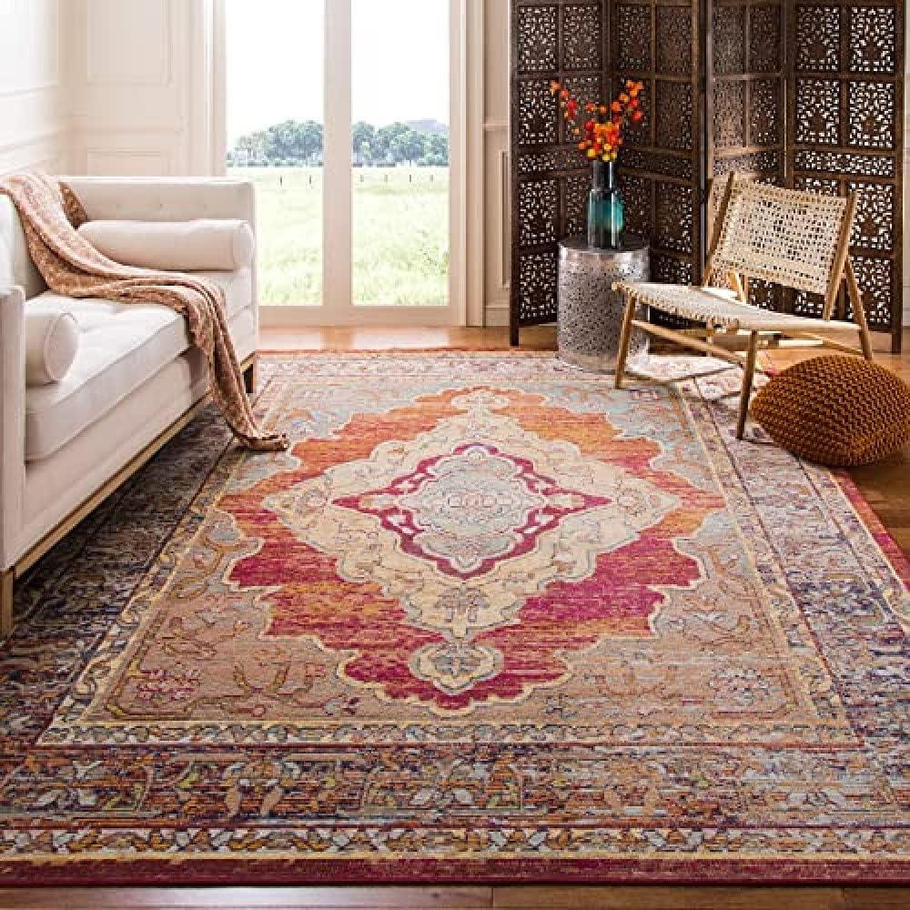 Reversible Orange and Light Blue Synthetic Rectangular Area Rug