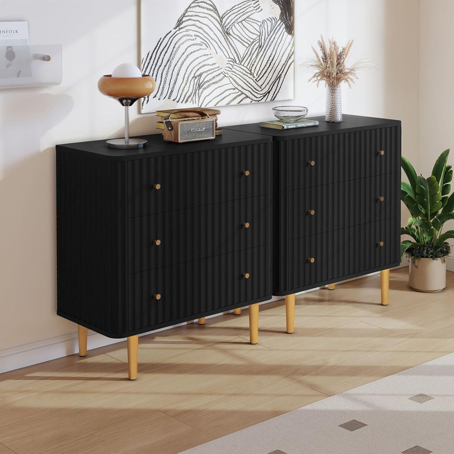 Black Vertical 3-Drawer Dresser with Gold Legs