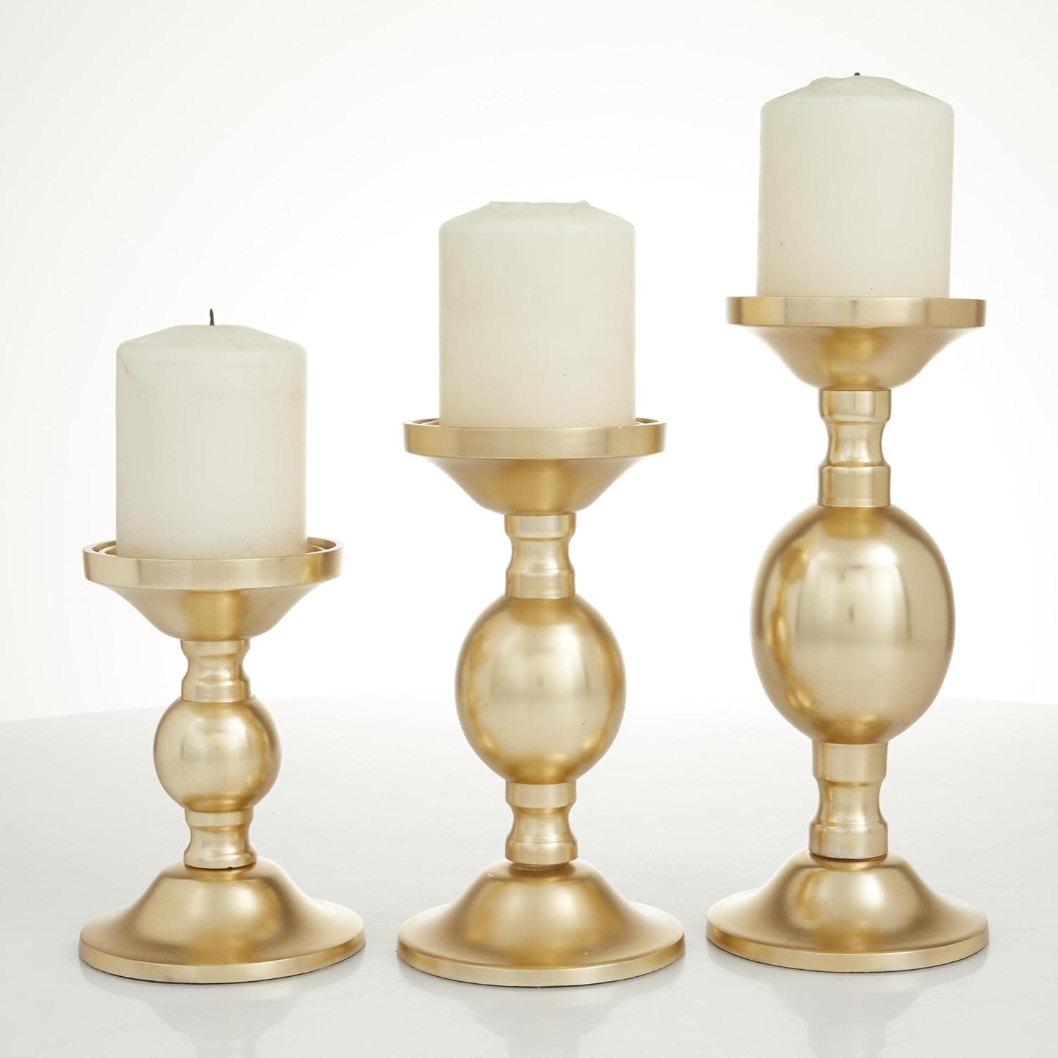 Deco 79 Aluminum Metal Decorative Candle Holder Pillar Candle Stand, Set of 3 Candlestick Holder 10", 8", 6"H, Gold