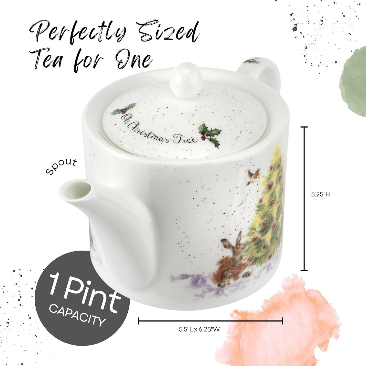 Spode Royal Worcester Oh Christmas Tree 16 Oz Teapot - Fine Bone China Tea Pot - Hand-Painted Woodland Critters, Dishwasher & Microwave Safe