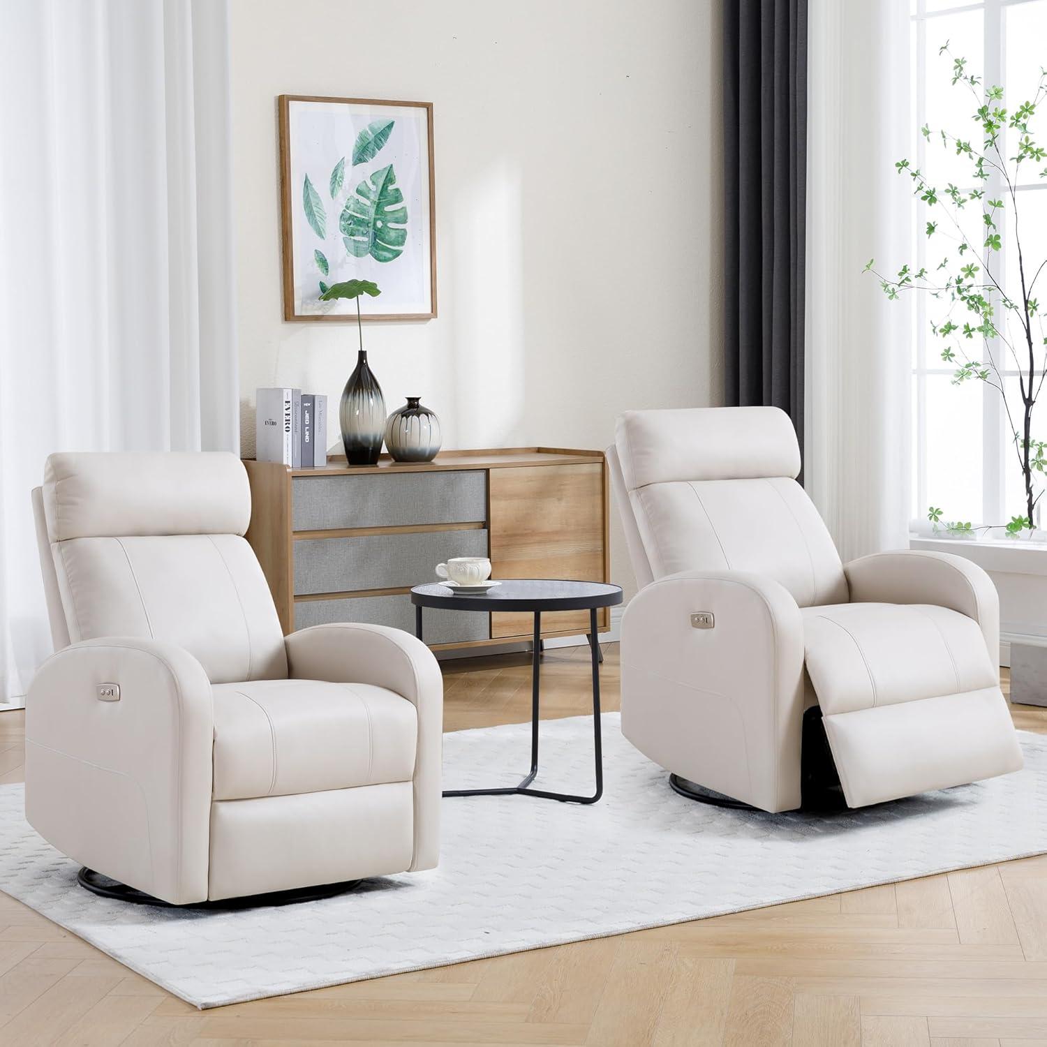 Beige Faux Leather Swivel Recliner with Adjustable Headrest