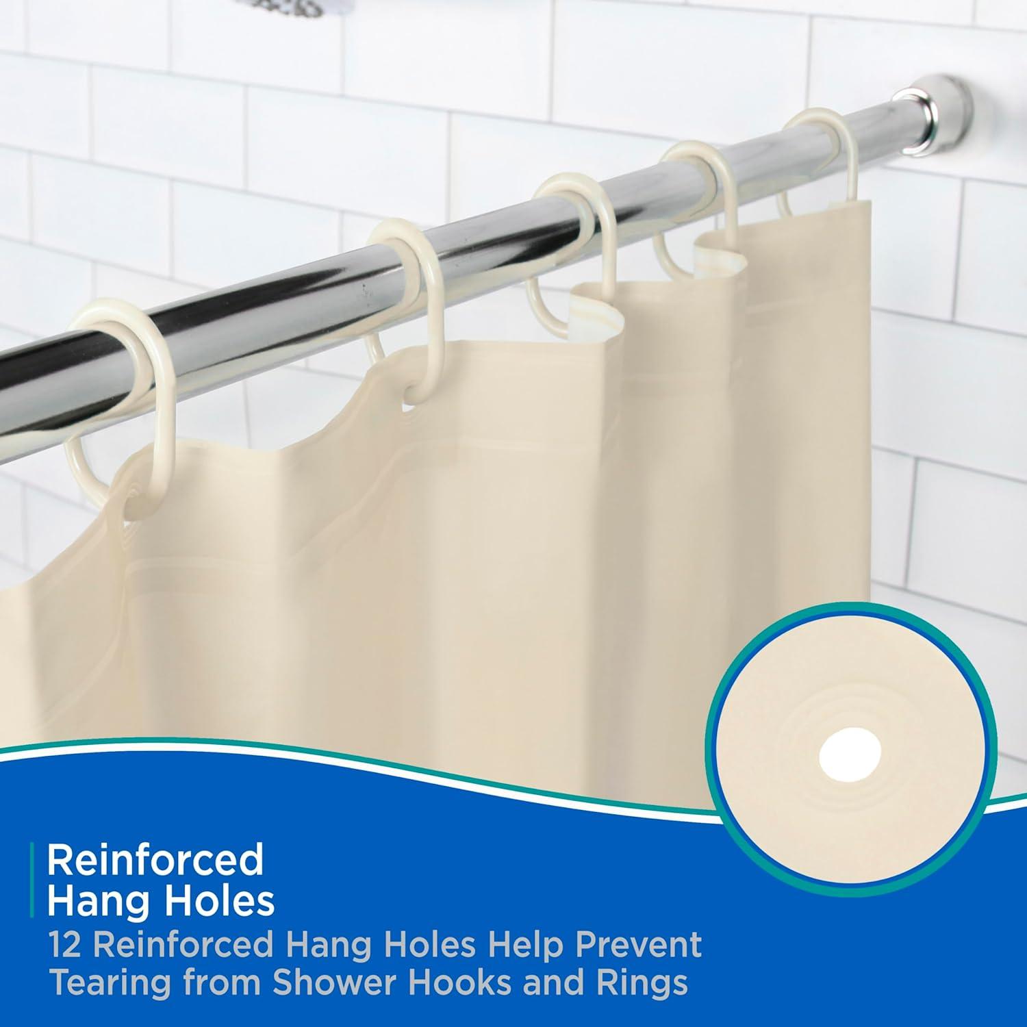 Kenney KN61756 Lightweight 3 Gauge Waterproof PEVA Shower Curtain Liner with Durable Eyelet Hang Holes, Weighted Magnetic Hem, and 12 Piece Plastic C-Ring Set for Bathroom, 70" W x 72" H, Cream