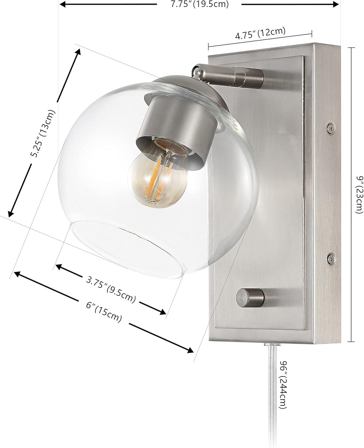 Hugo 6" 1-Light Minimalist Modern Plug-In or Hardwired Adjustable Iron LED Wall Sconce with Rotary Dimmer, Nickel with Clear Globe